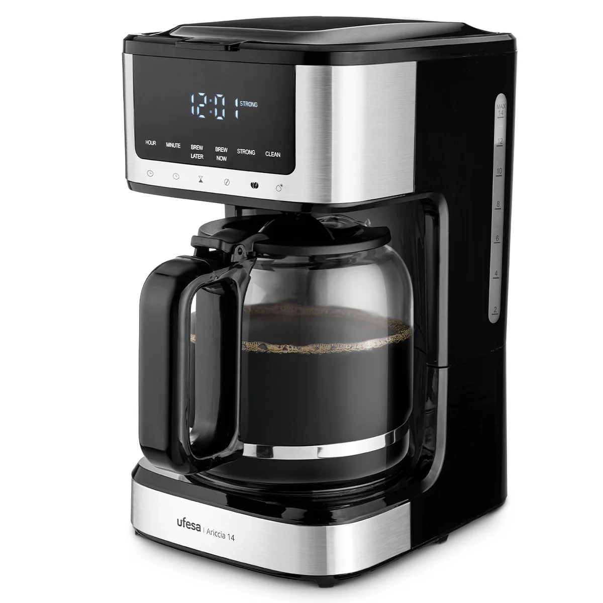 Caffettiera Ufesa nera e argento. Ha una caraffa in vetro con caffè. Il display digitale mostra l'ora. Il marchio è ufesa.