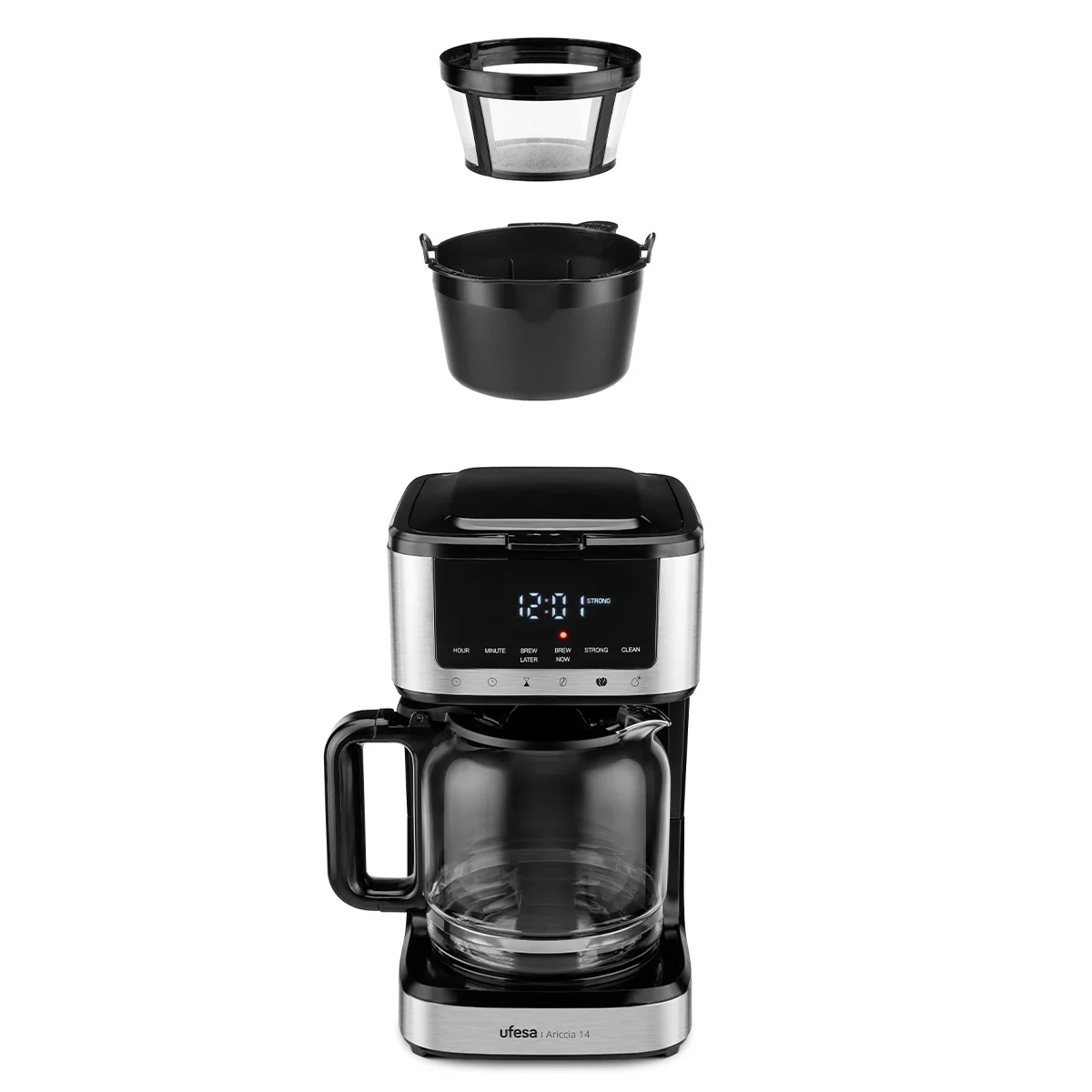 Una macchina per il caffè con display digitale. Include un filtro, un cestello filtro e una caraffa di vetro. Ha un design nero e argento.