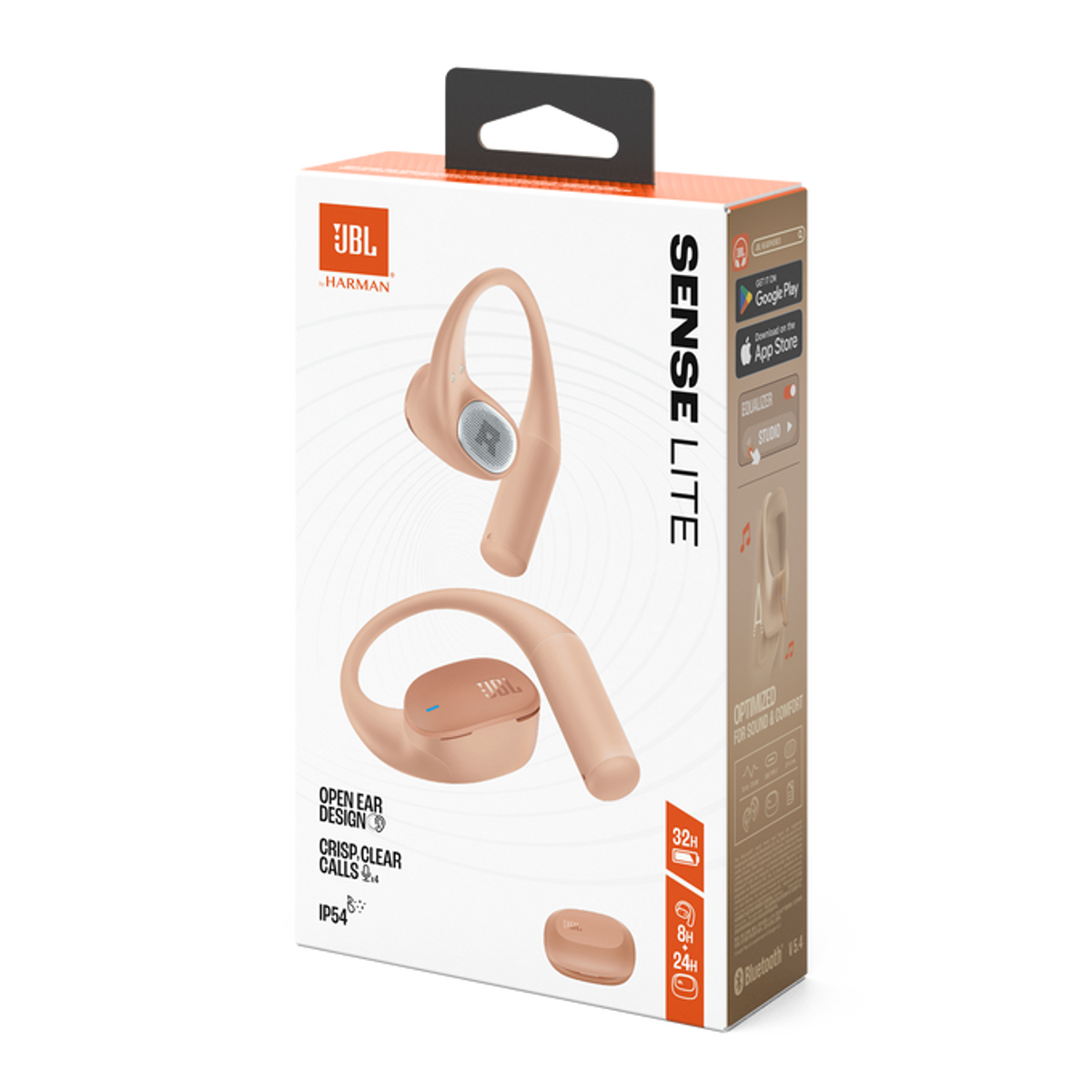 Scatola degli auricolari JBL Sense Lite. Gli auricolari nella scatola sono di colore marrone chiaro. La scatola ha il logo JBL e le caratteristiche del prodotto.