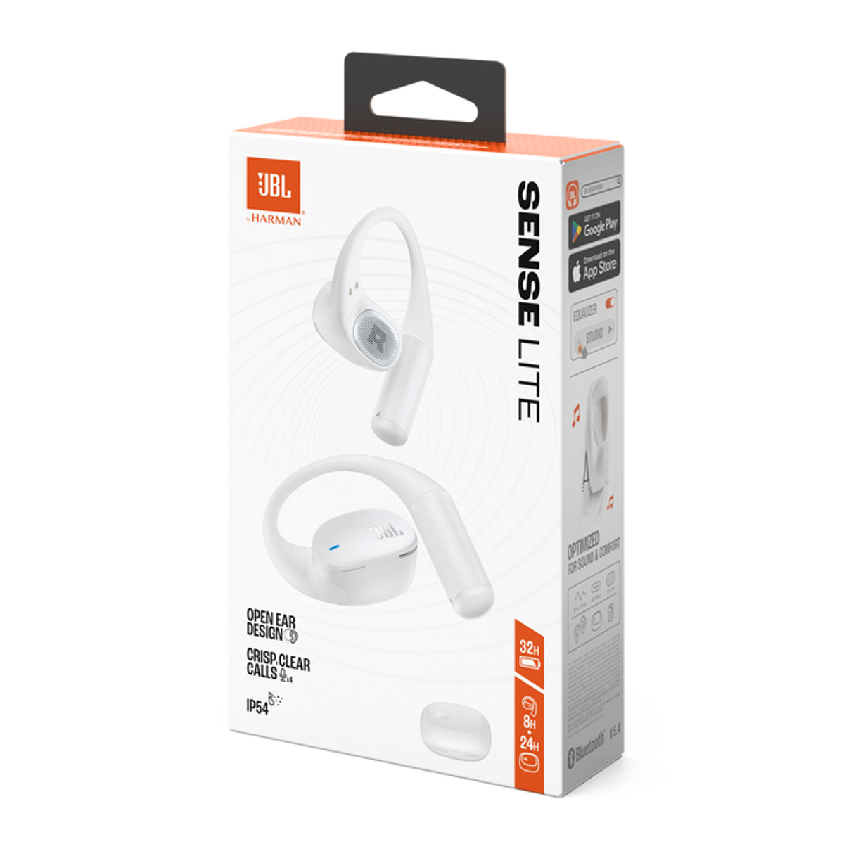 Una scatola bianca di auricolari JBL Sense Lite. Mostra gli auricolari e la scatola include dettagli sulle caratteristiche e specifiche del prodotto.