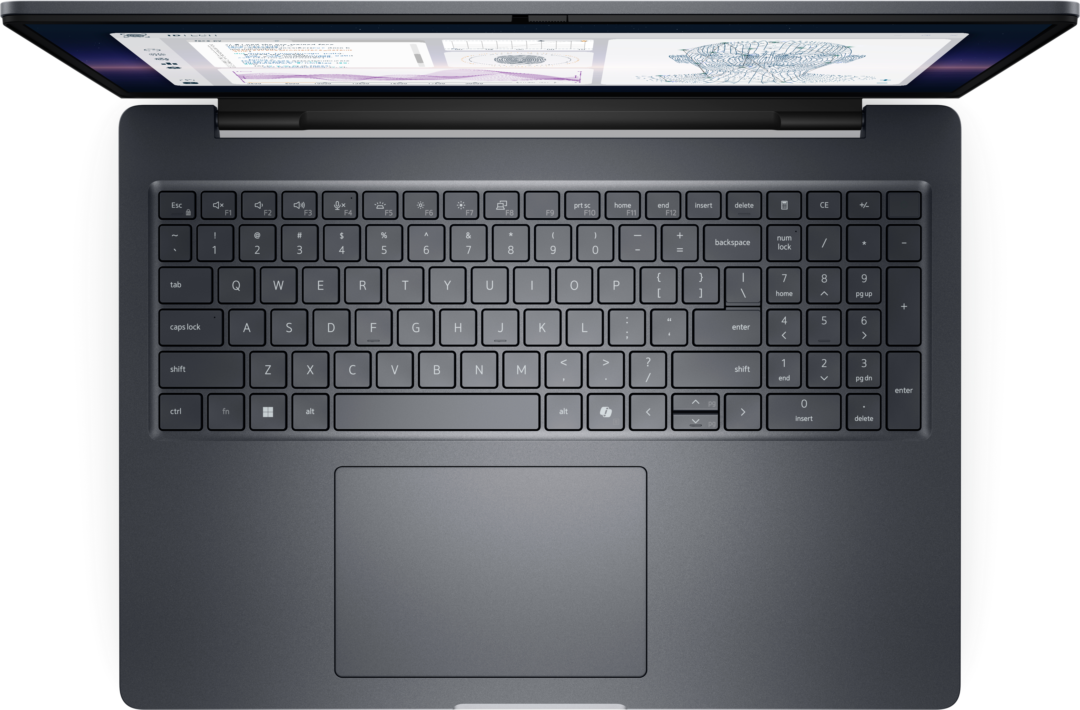 Widok z góry na laptopa z otwartym ekranem wyświetlającym dane. Klawiatura jest widoczna. Laptop jest ciemnoszary.