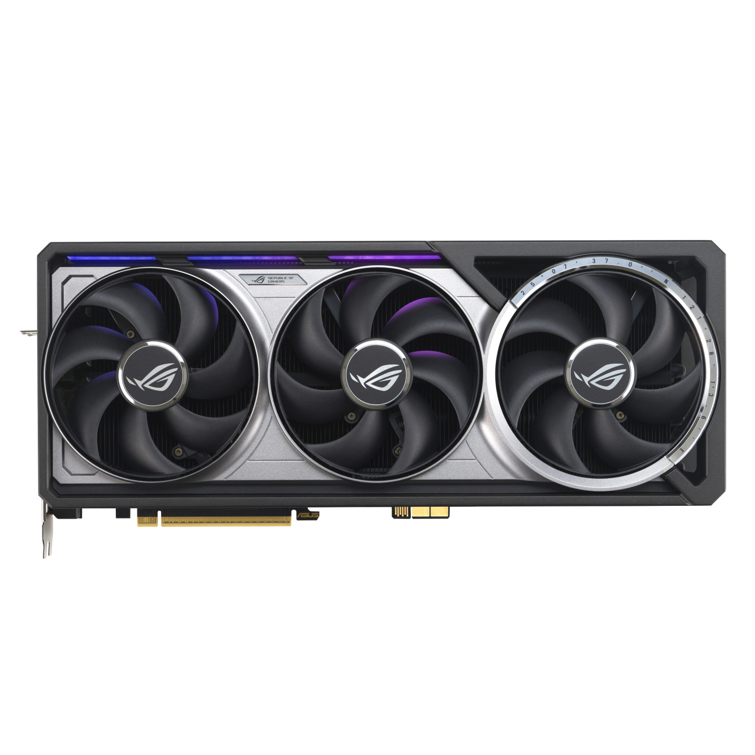 A black and silver graphics card with three fans. The fans have the ROG logo in the center. It has a black frame.