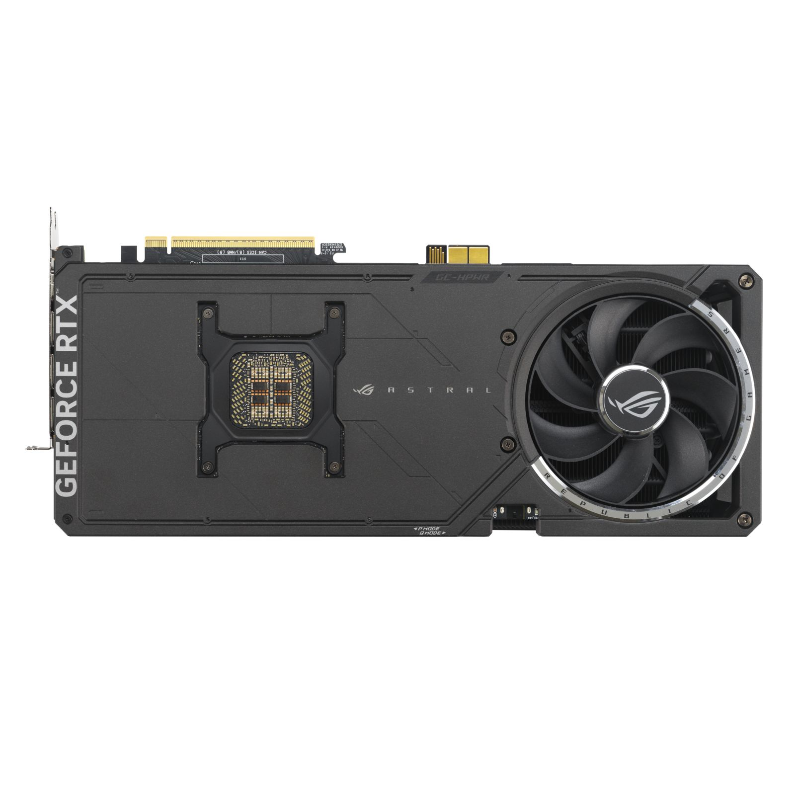 A black and silver graphics card with a fan. It has the text "GEFORCE RTX" and "ASTRAL" on it. The fan has the ROG logo.