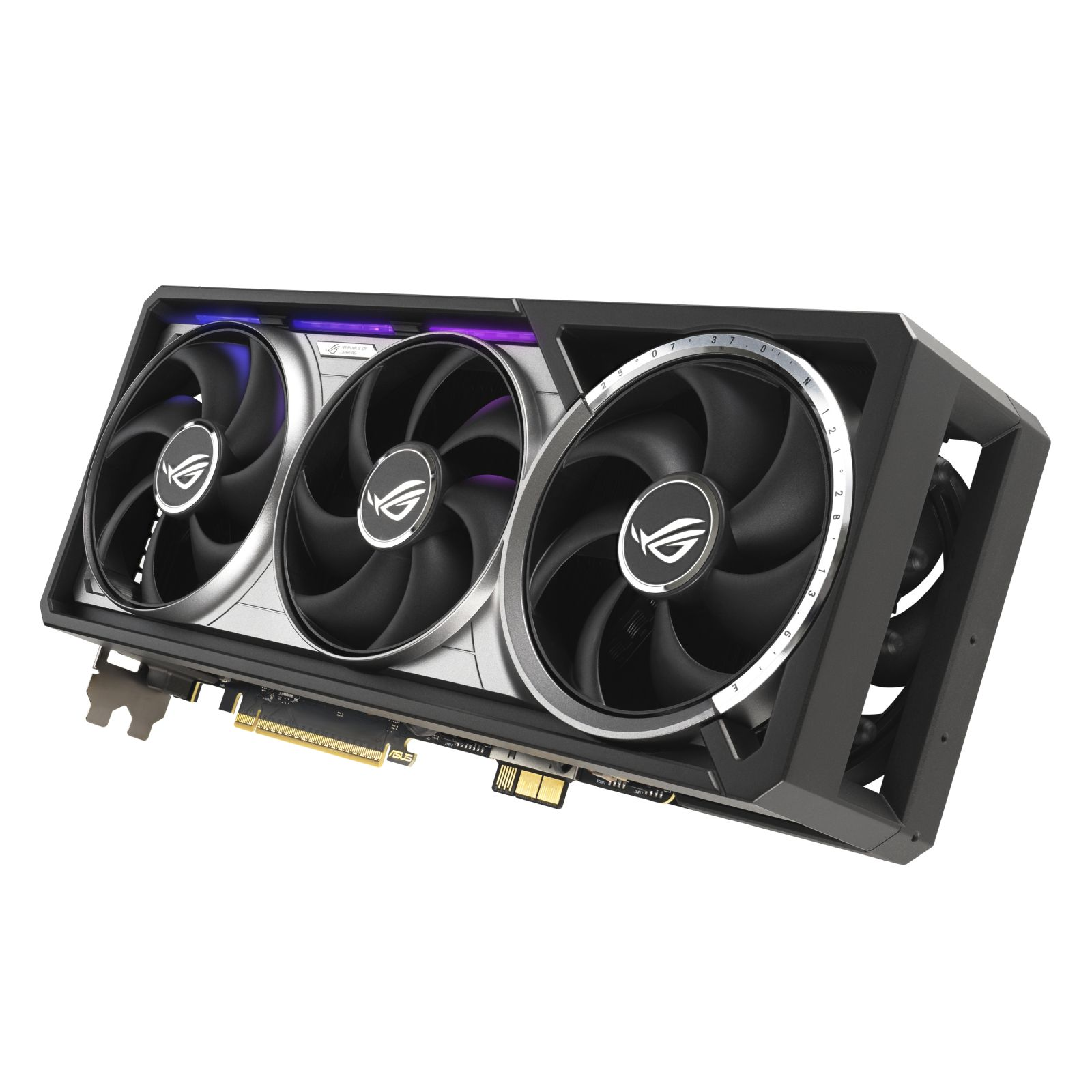 A black and silver ROG Strix graphics card with three fans. Each fan has a logo. The card is angled against a white background.