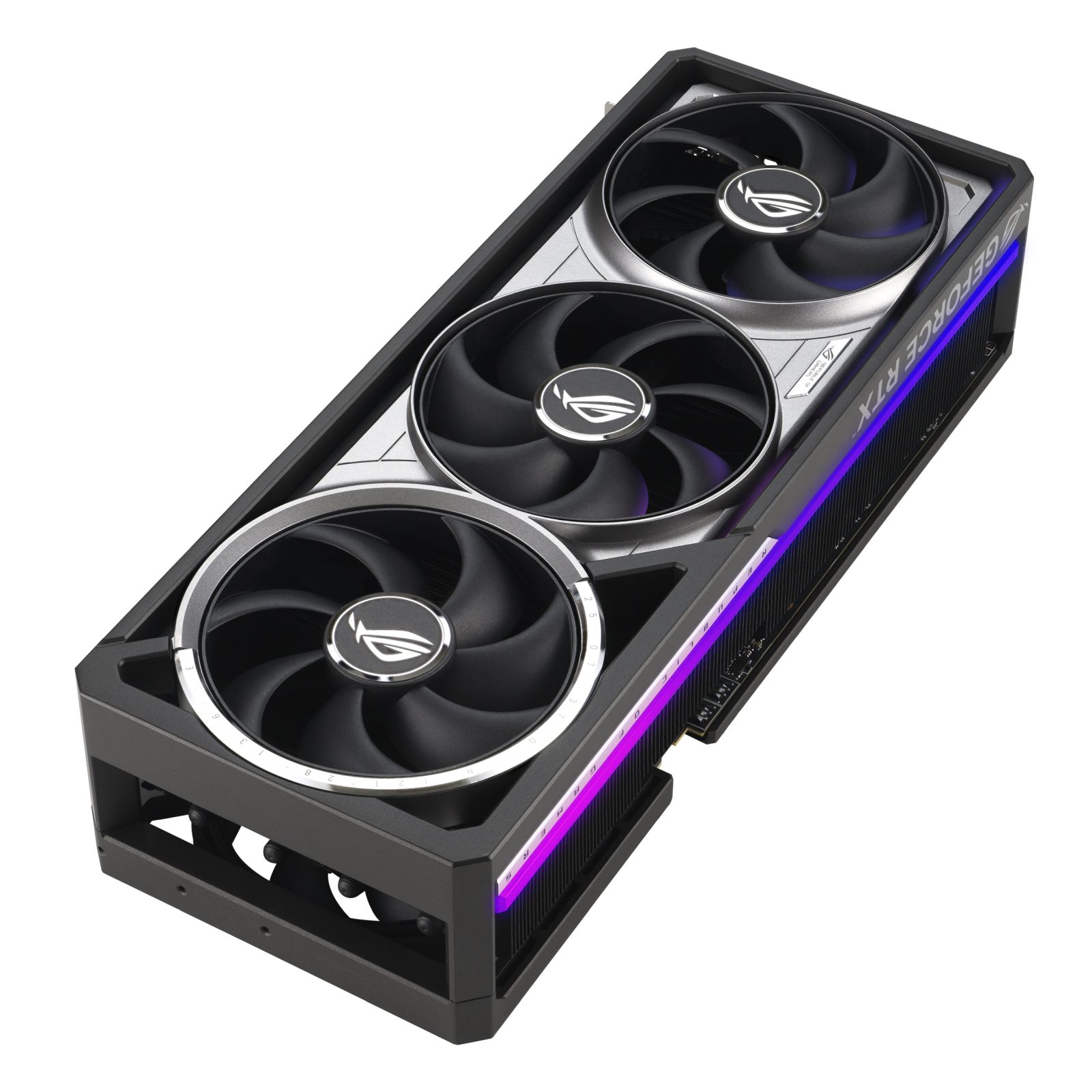 A computer graphics card with three black fans, a silver frame, and a black casing. The card has the word "GEFORCE RTX".