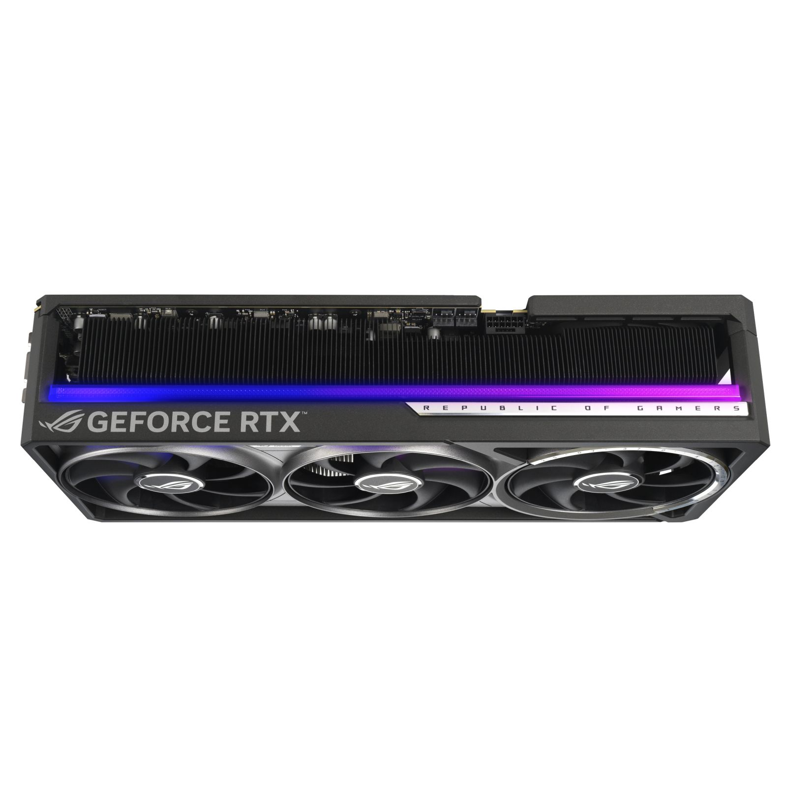 A GeForce RTX graphics card. It has three fans, a black frame, and a blue and purple light bar.