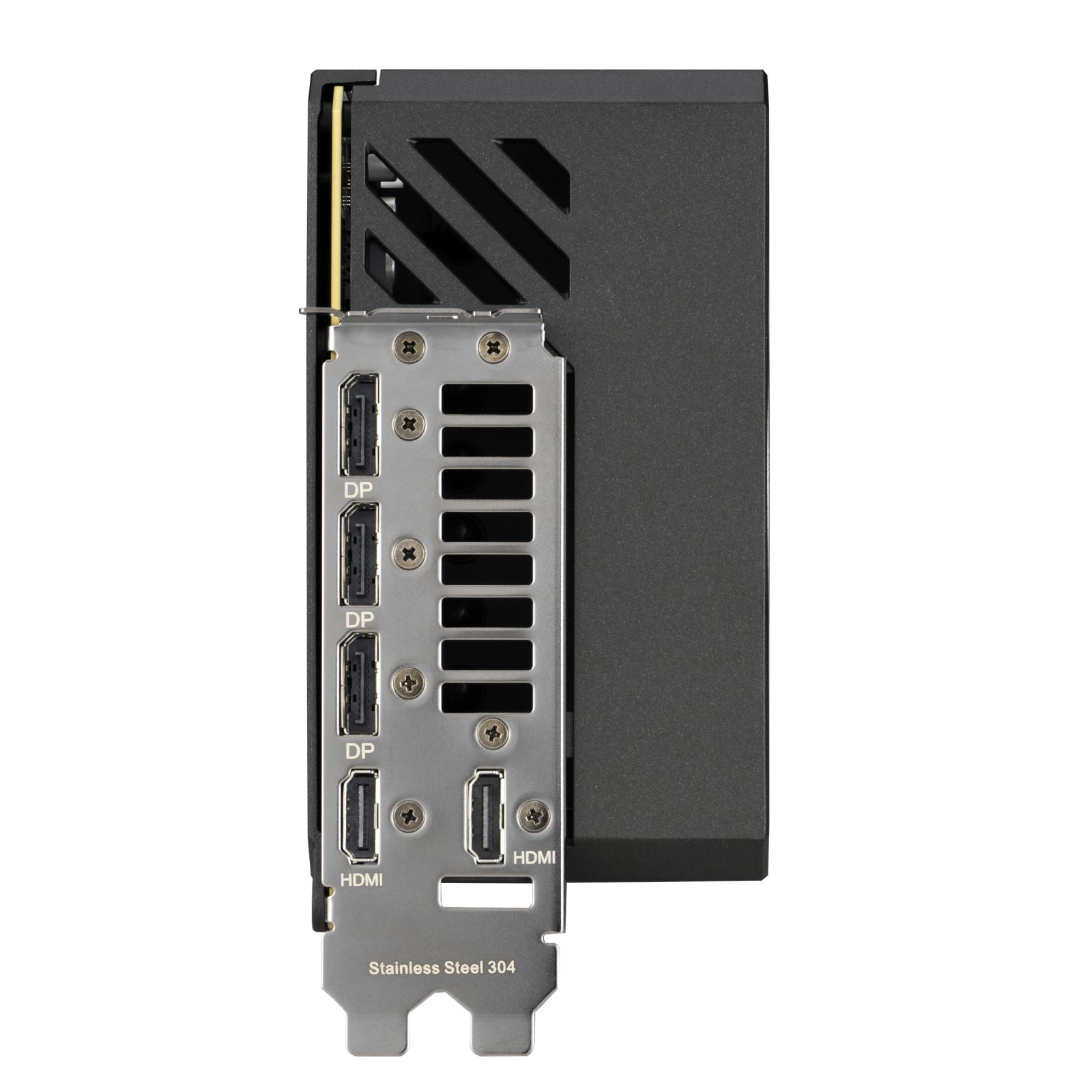 A black and silver computer graphics card with multiple ports labeled DP and HDMI. The card has a metal backplate.