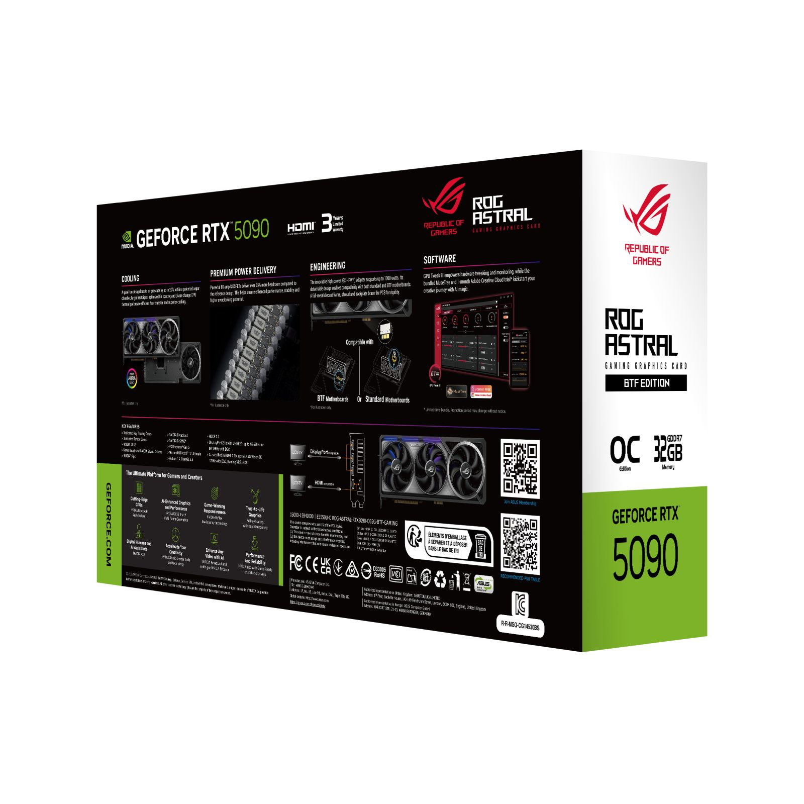 A graphics card box. It has the GeForce RTX 5090 logo and the ROG Astral logo.