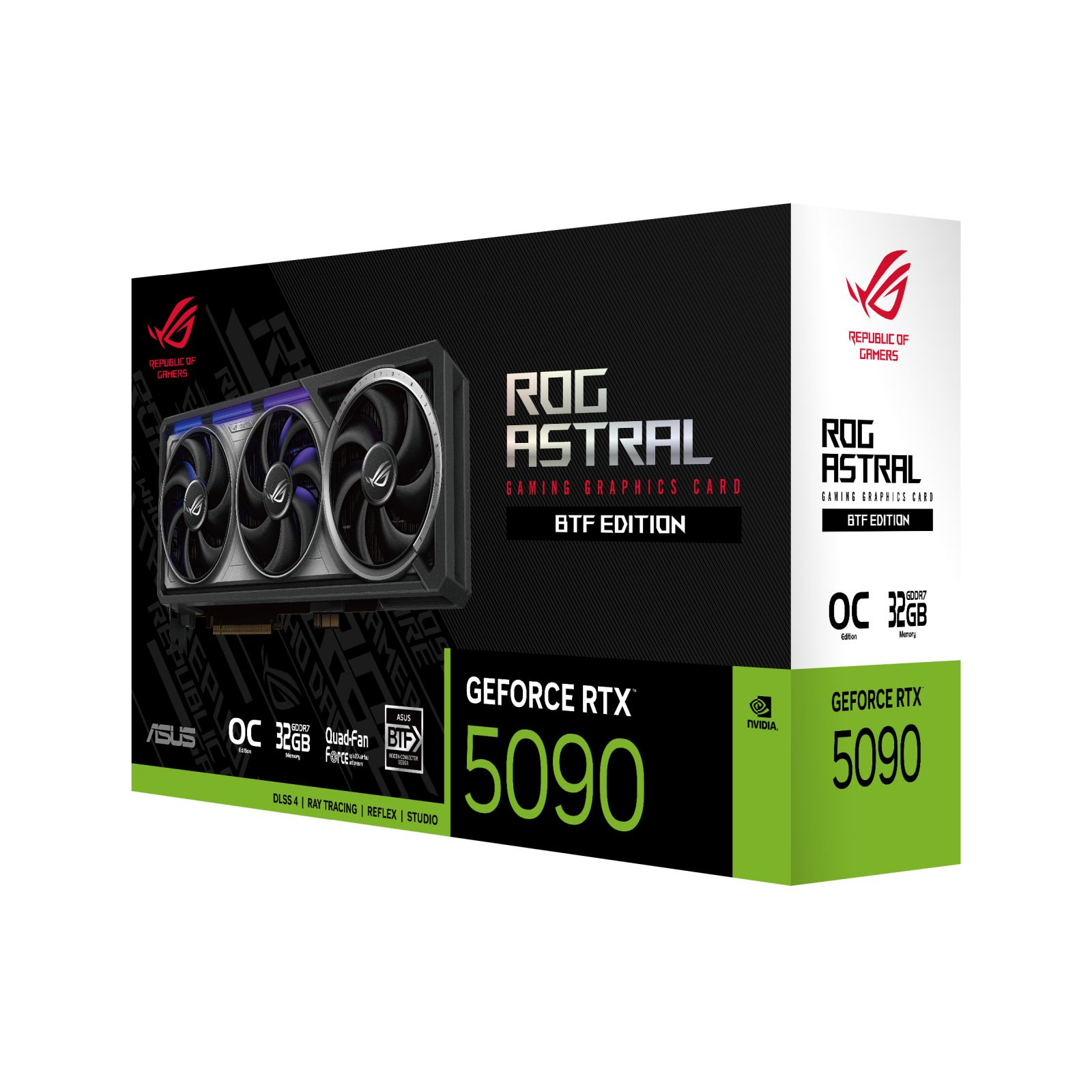 A graphics card box. It features the ROG Astral, GeForce RTX 5090, and ASUS logos, with a black and green design.