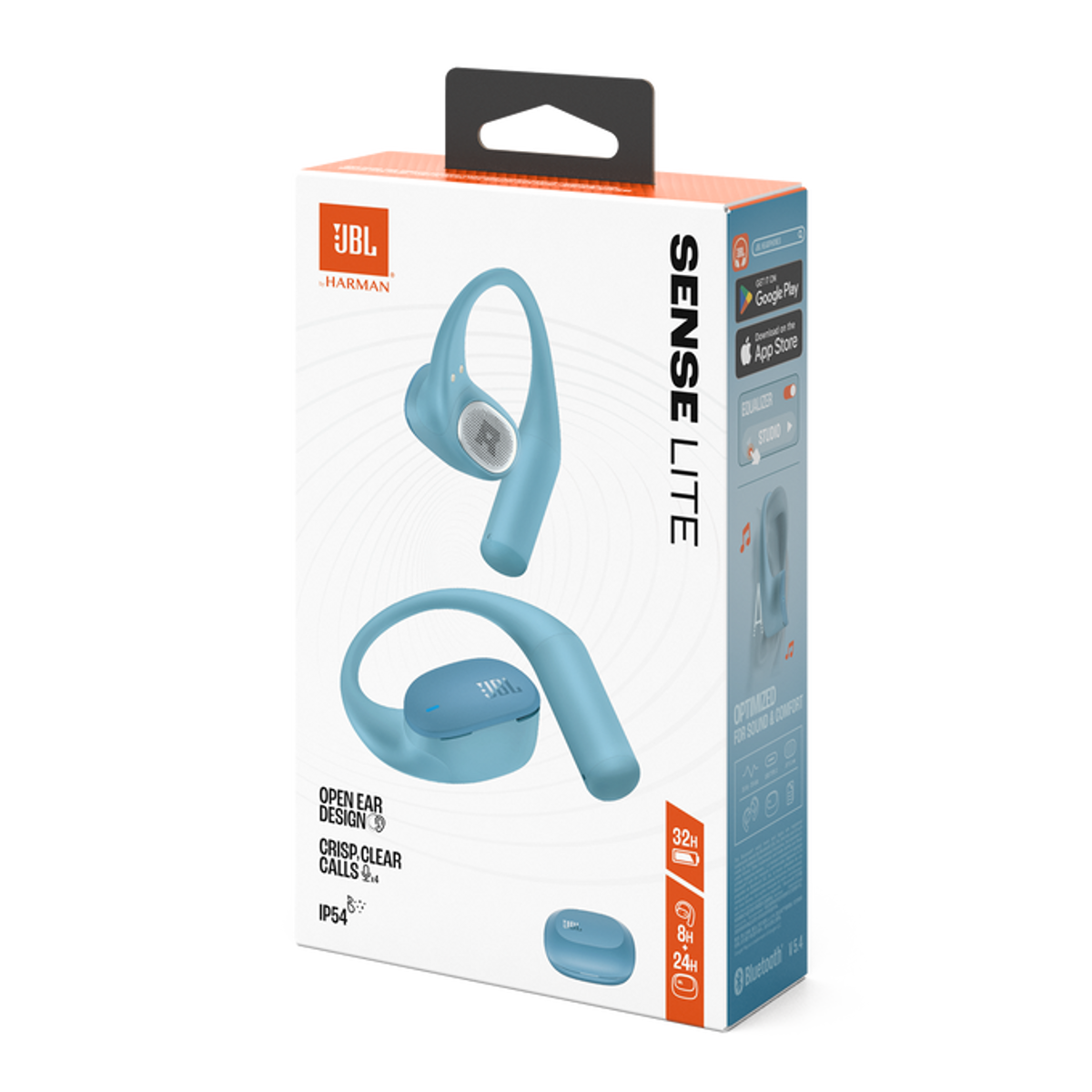 Scatola auricolari JBL Sense Lite. Auricolari azzurri su una scatola bianca. Testo: 'Sense Lite', 'Open Ear Design' e 'Bluetooth'.