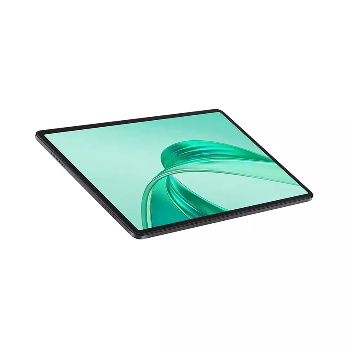 Een tablet met een zwart frame. Het scherm toont een groen, abstract ontwerp. De achtergrond is wit.