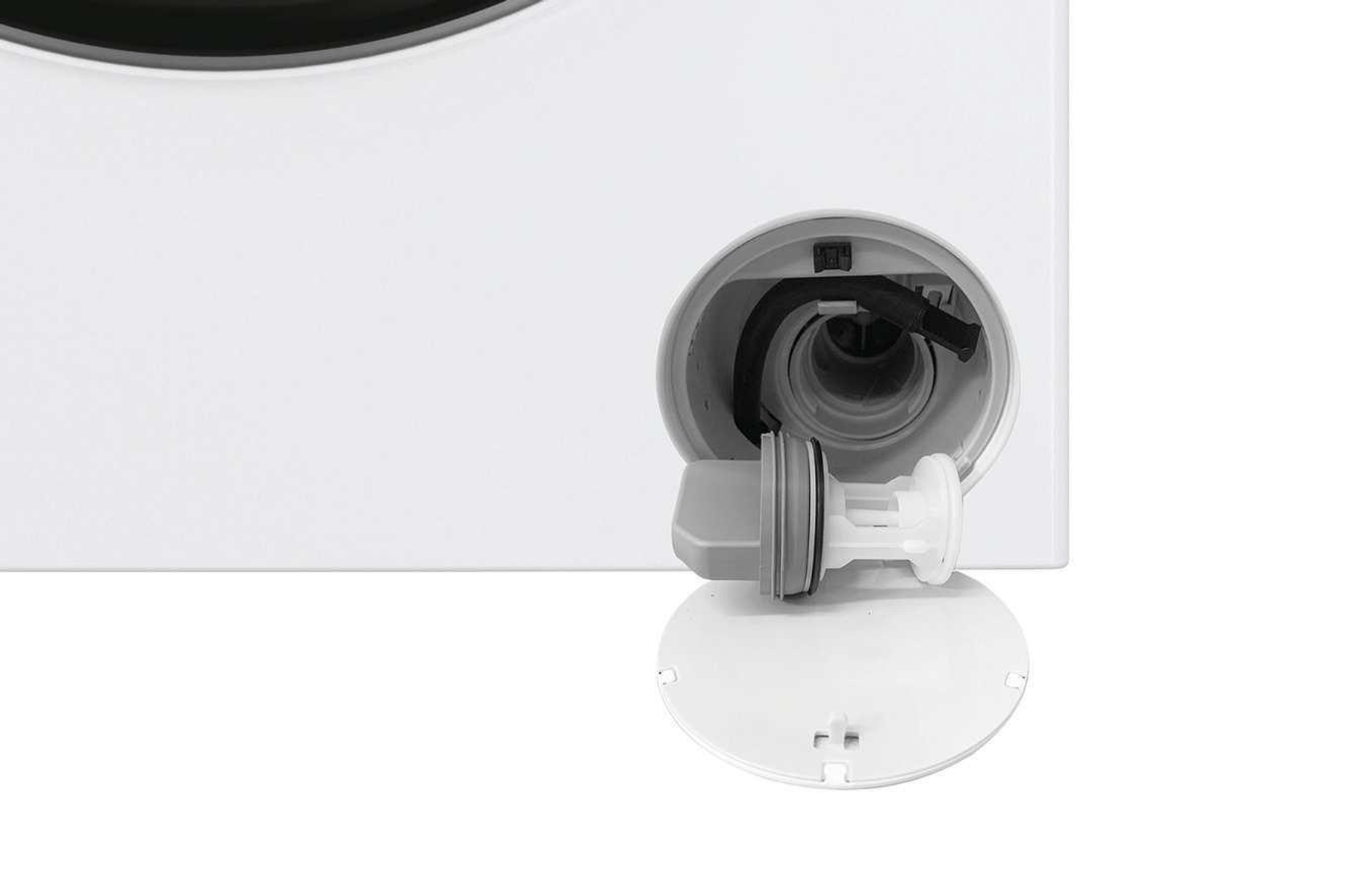 Zbliżenie komory filtra pralki. Widoczna jest biała maszyna z szarym filtrem i otwartymi białymi drzwiami.