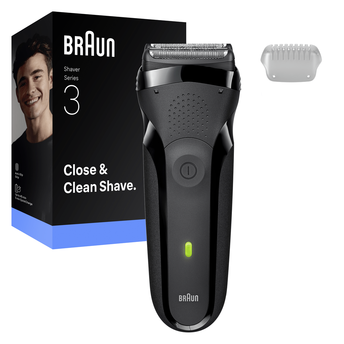 Un rasoir noir Braun Series 3 avec une boîte. La boîte montre un homme souriant et le texte "Close & Clean Shave."