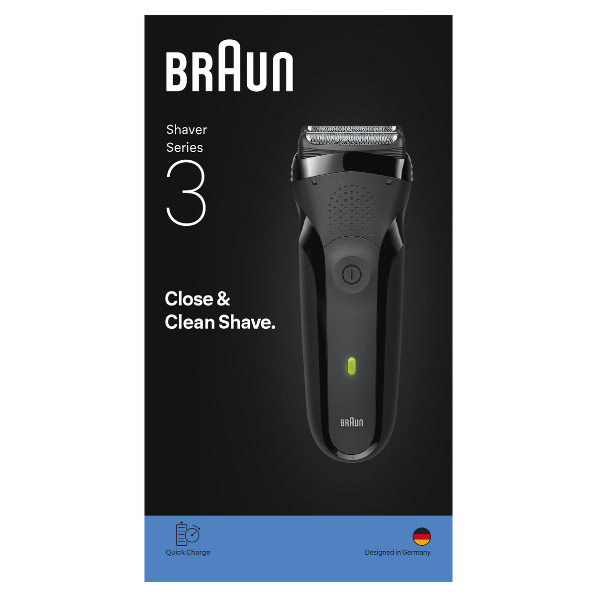 Rasoir noir Braun Series 3 sur fond noir. Texte: 'Braun', 'Shaver Series 3', 'Close & Clean Shave'.