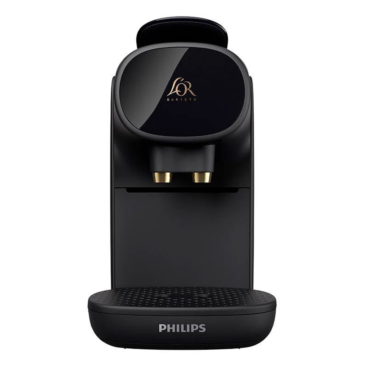 Una cafetera negra L'OR Barista. Tiene detalles dorados y el logo de Philips en la base. Sobre un fondo blanco.