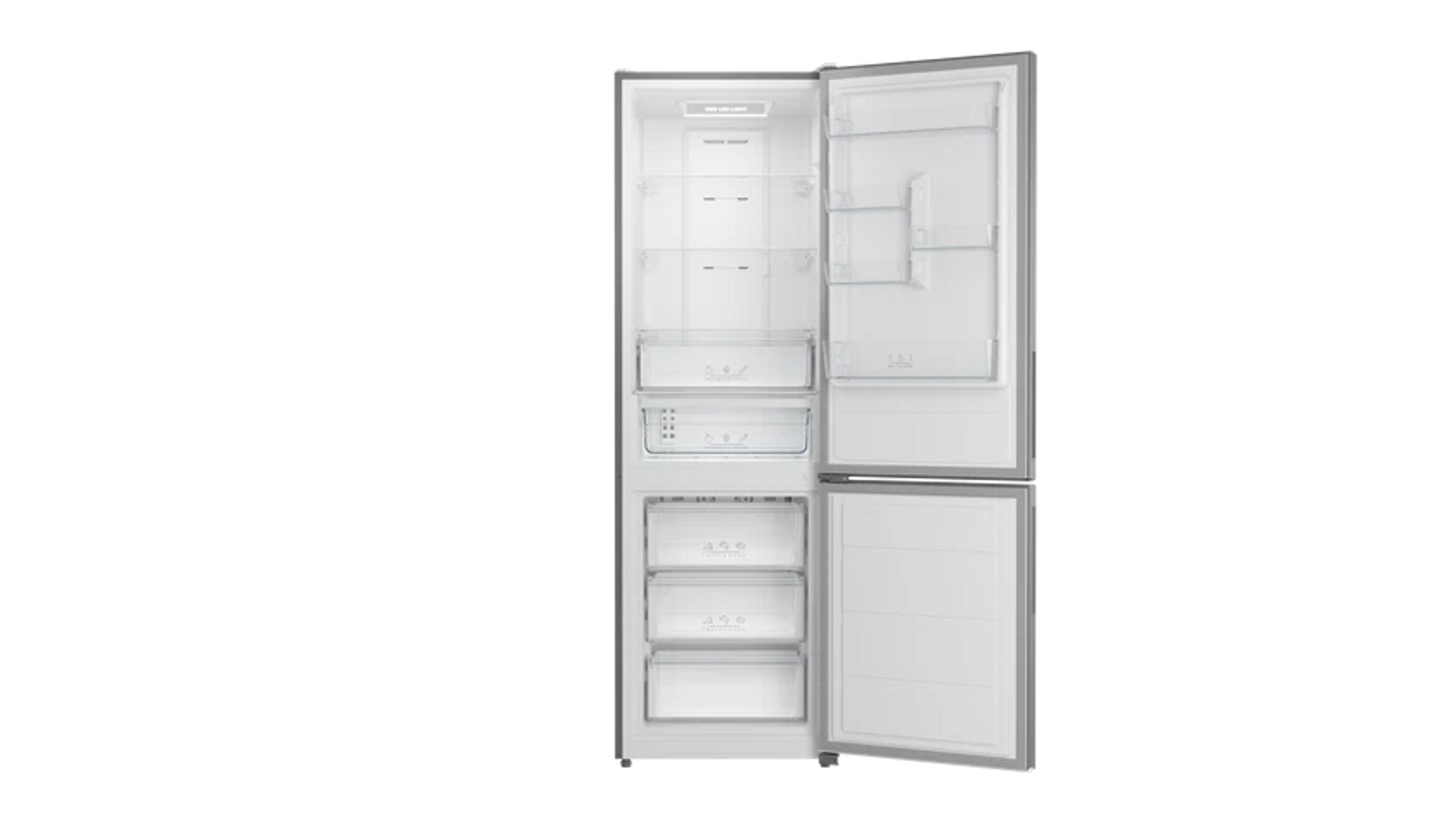 Refrigerador abierto con dos puertas. La puerta superior revela estantes y cajones. La puerta inferior muestra cajones. El fondo es negro.