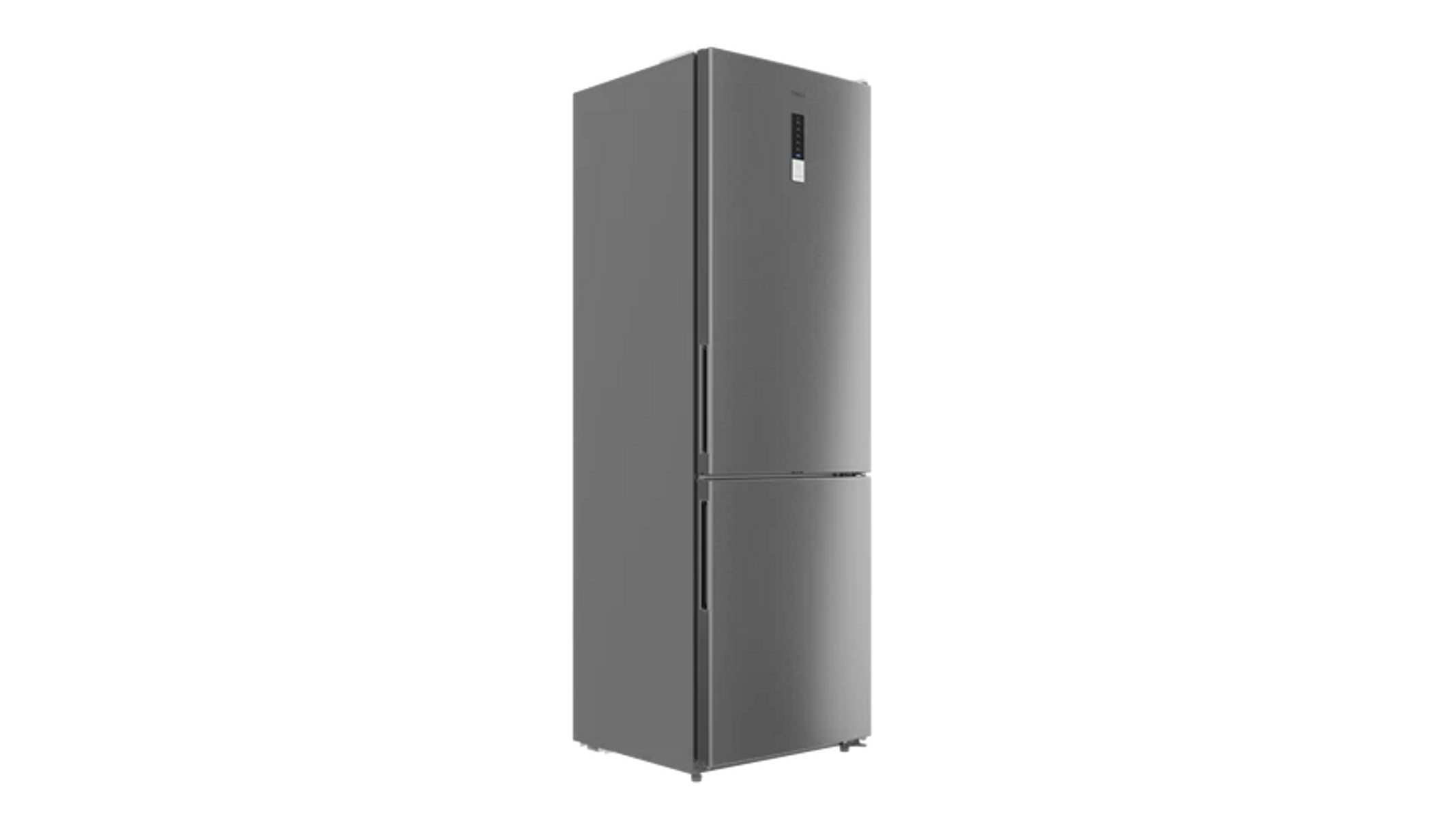 Un refrigerador alto y gris sobre un fondo negro. Tiene dos puertas, una pantalla digital y un diseño moderno y elegante.