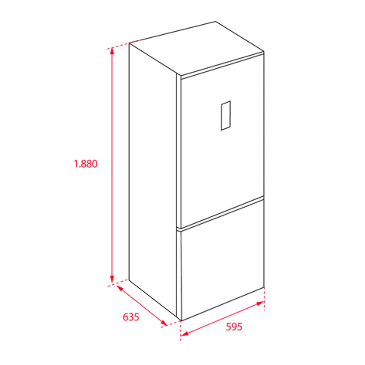 Widok izometryczny prostokątnej szafki. Czerwone wymiary i etykiety wskazują jej rozmiar. Widoczny uchwyt.