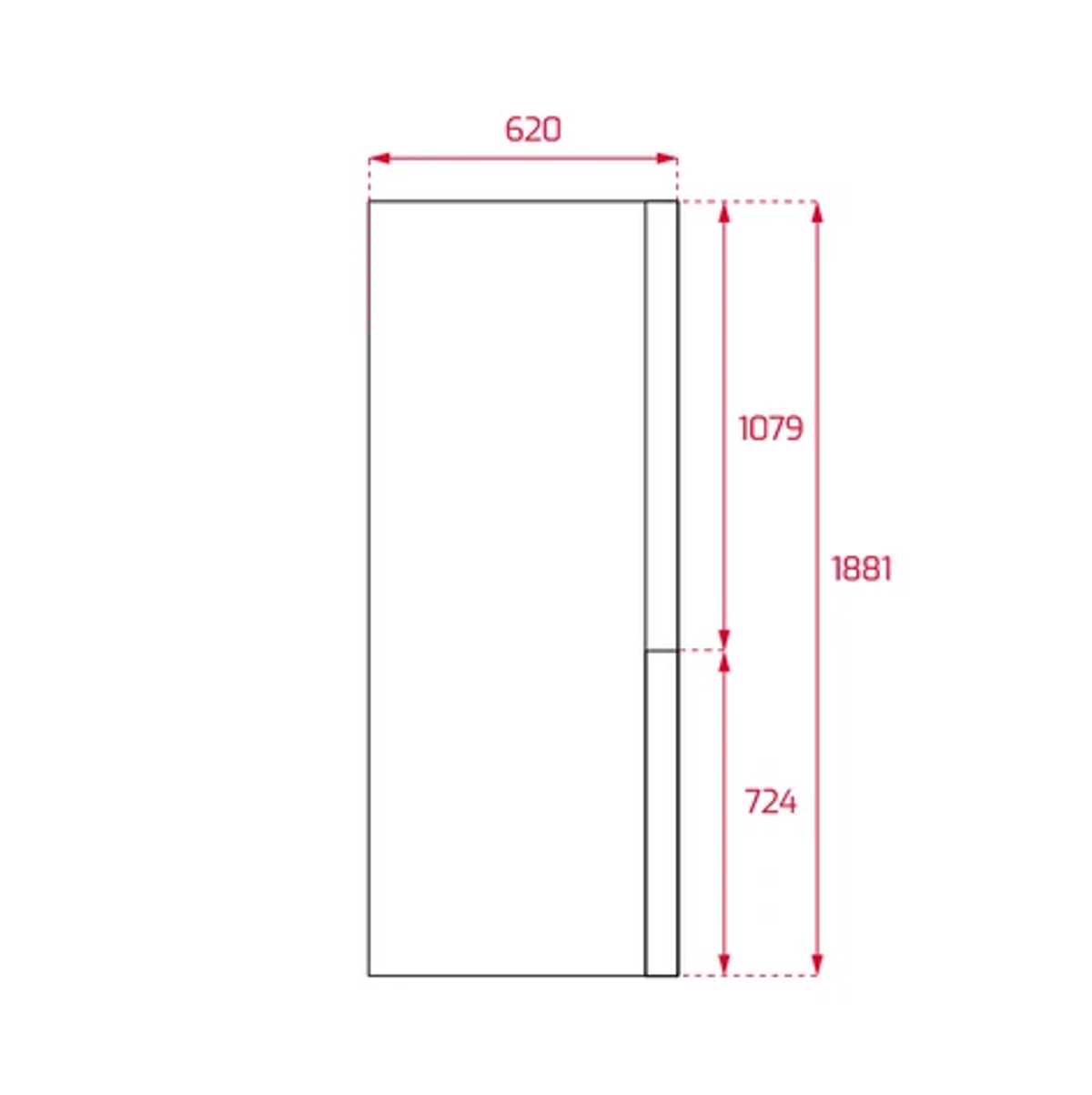 Diagram wysokiej, prostokątnej struktury z wymiarami. Szerokość 620, wysokość 1881, z sekcjami 1079 i 724.