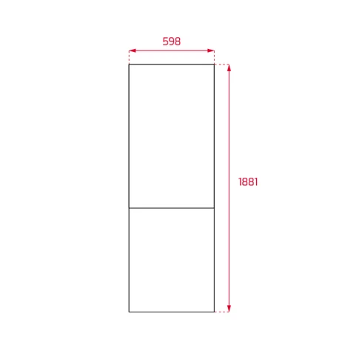 Schemat przedstawiający dwuczęściowy prostokąt o wymiarach: 598 szerokości i 1881 wysokości. Kształt jest obrysowany na czarno.