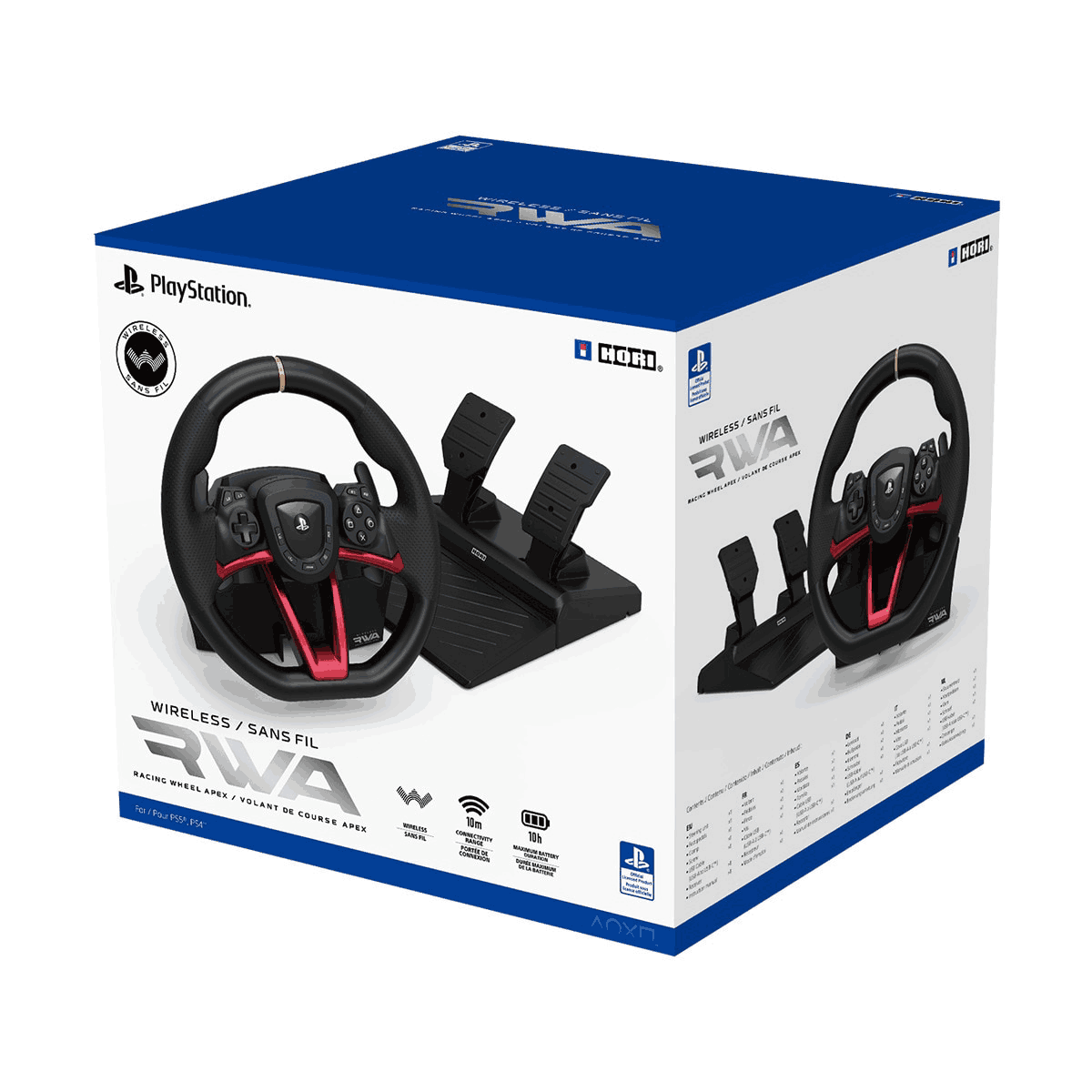 Pudełko przedstawia zestaw kierownicy wyścigowej do PlayStation. Zawiera kierownicę i zestaw pedałów, czarne i czerwone akcenty oraz logo Hori.