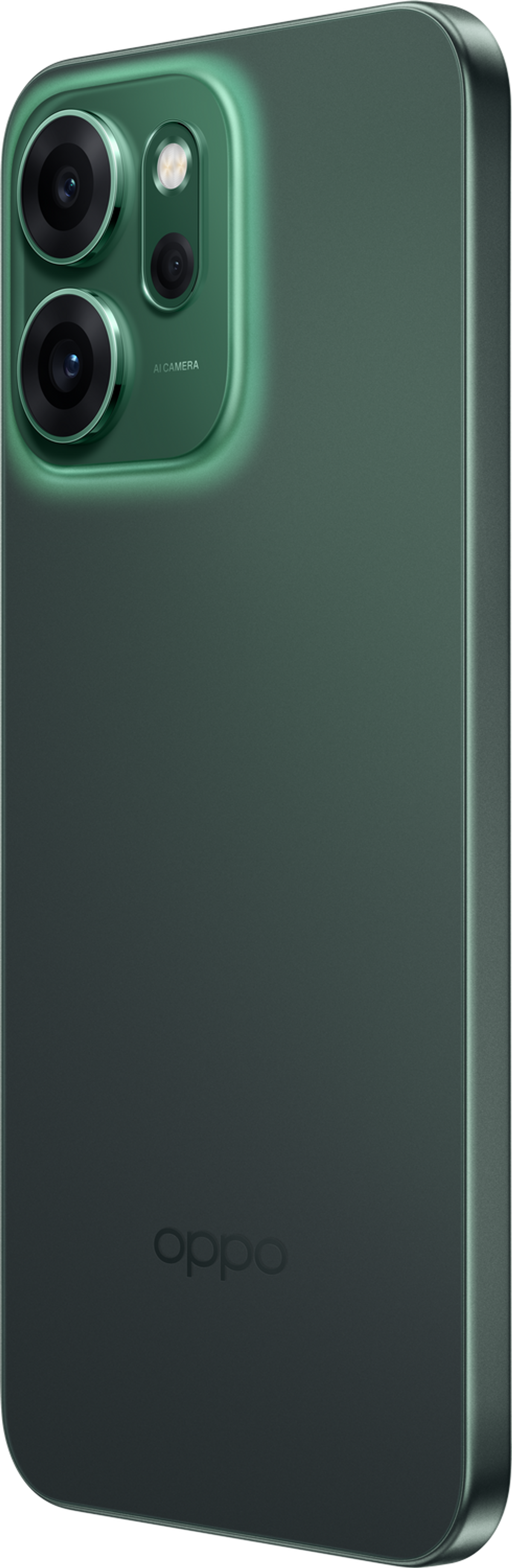 Zielony tył smartfona z obiektywami aparatu. Logo Oppo na dole. Widoczna jest również kamera AI.