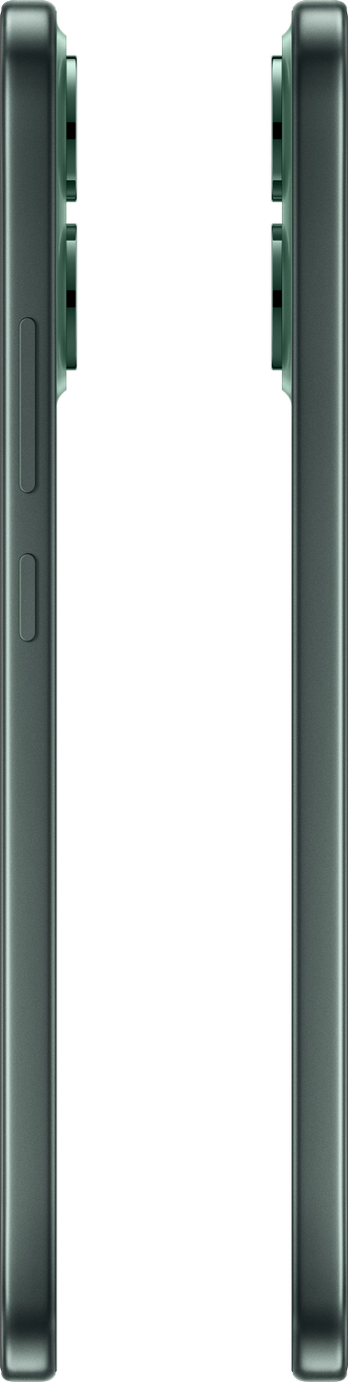 Wyświetlane są dwie krawędzie smartfona, pokazujące profil boczny, przyciski, aparat i ciemne tło.