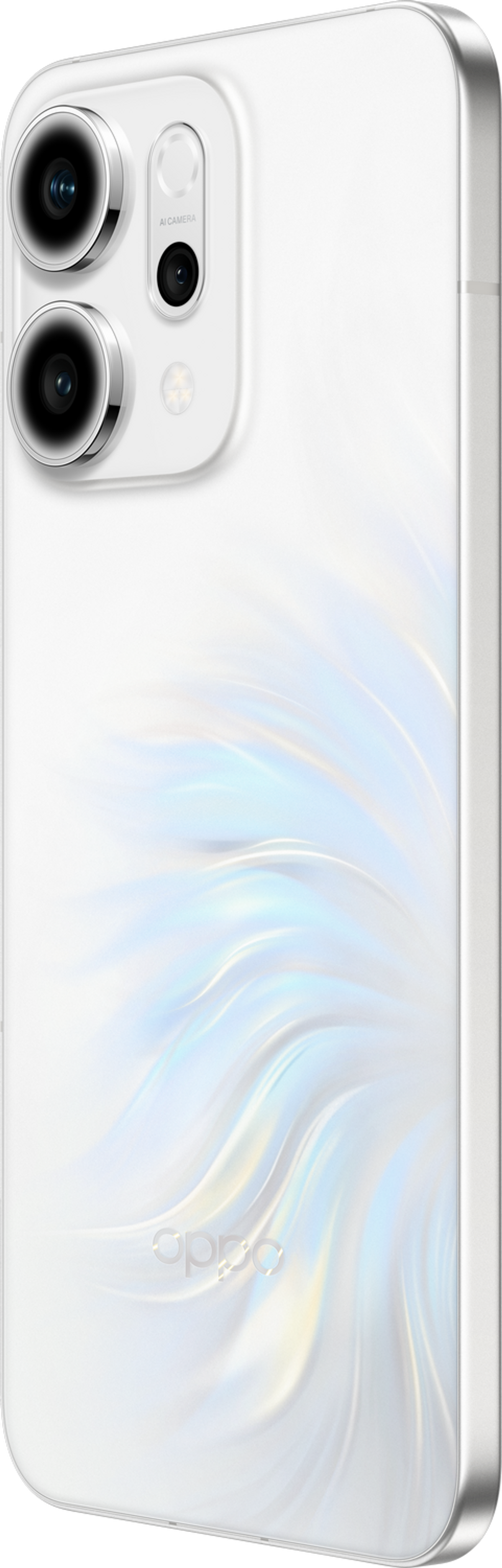 Biały tył smartfona z aparatami. Posiada wirujący, perłowy wzór. Marka to OPPO.