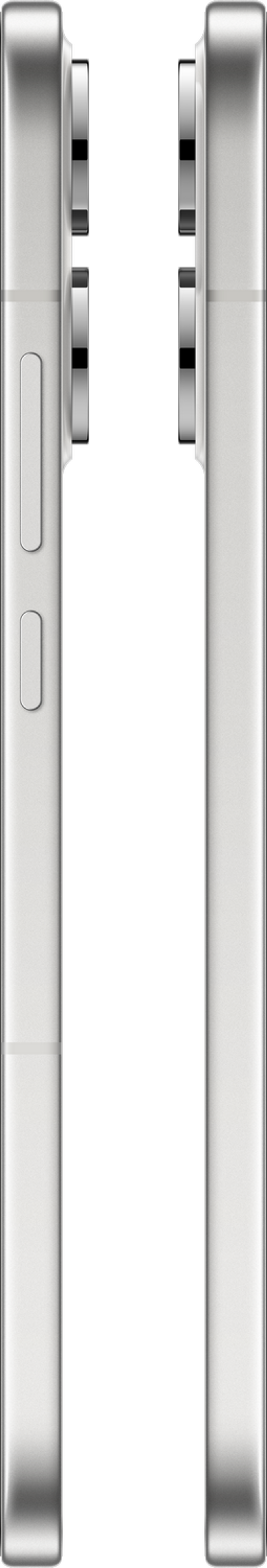 Dwa srebrne smartfony, widok z boku. Jeden ma przyciski, drugi obiektywy aparatu. Oba mają czarne tło.