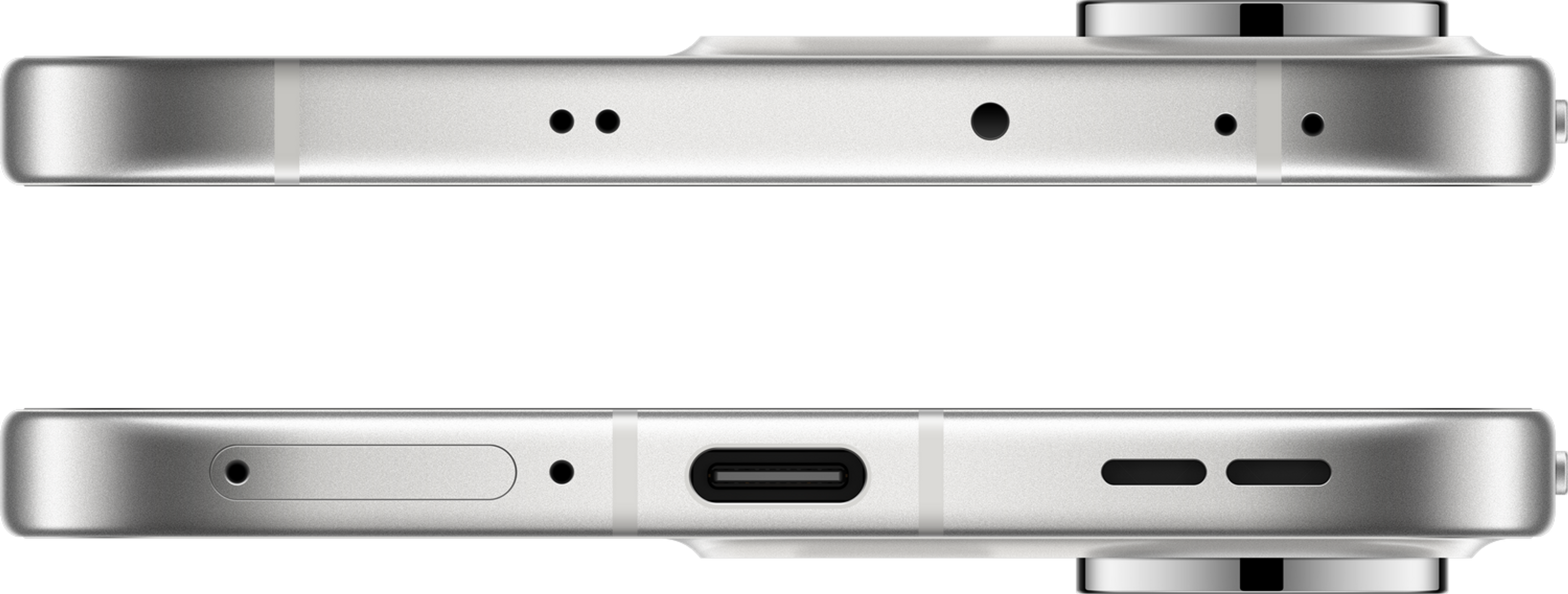 Zbliżenie boku srebrnego smartfona. Widoczne przyciski, port USB-C i otwory głośników. Czarne tło.