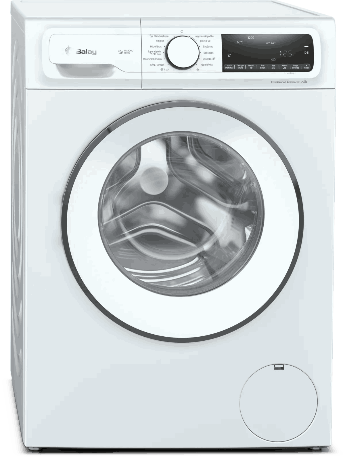 Una lavadora Balay blanca con puerta circular y panel de control. Tiene varias opciones de programa y una pantalla digital.