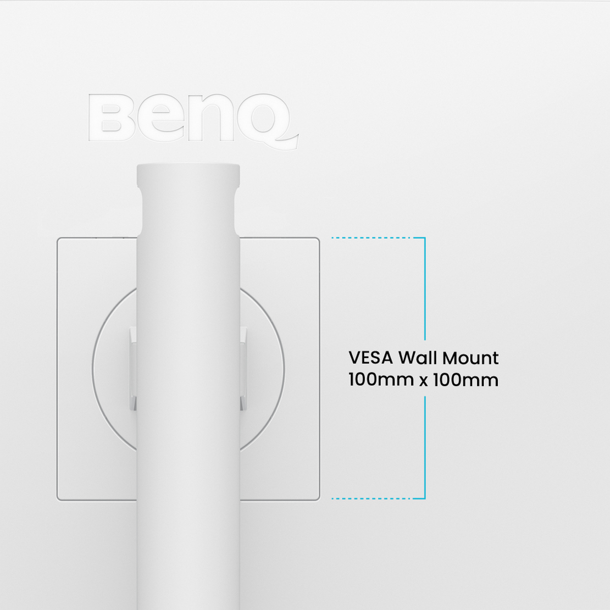 Biały uchwyt monitora z logo "BenQ". Tekst wskazuje VESA Wall Mount 100mm x 100mm. Białe tło.