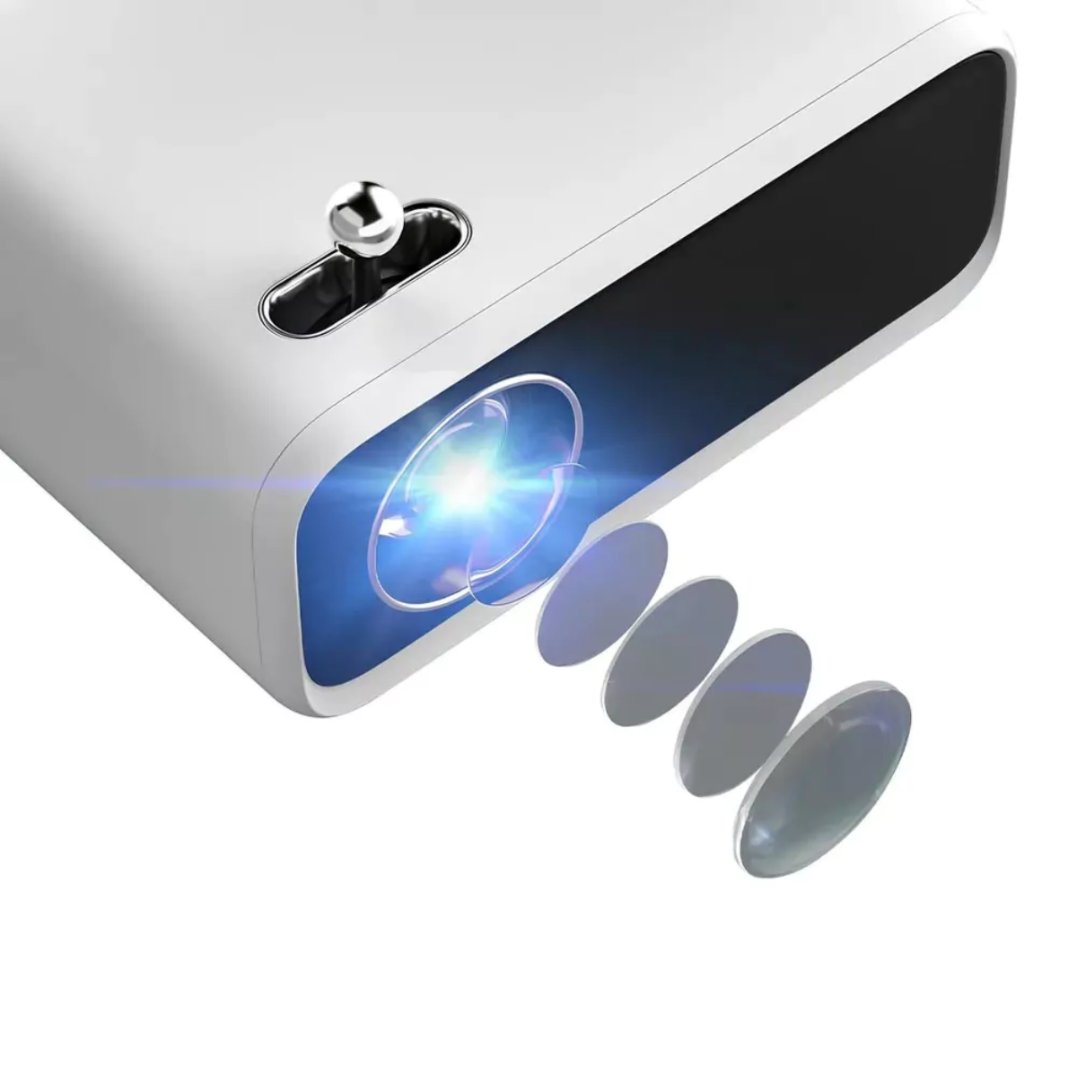 Un proyector blanco con una lente brillante y una luz azul brillante emana de él. Cuatro lentes ovaladas están frente al proyector.