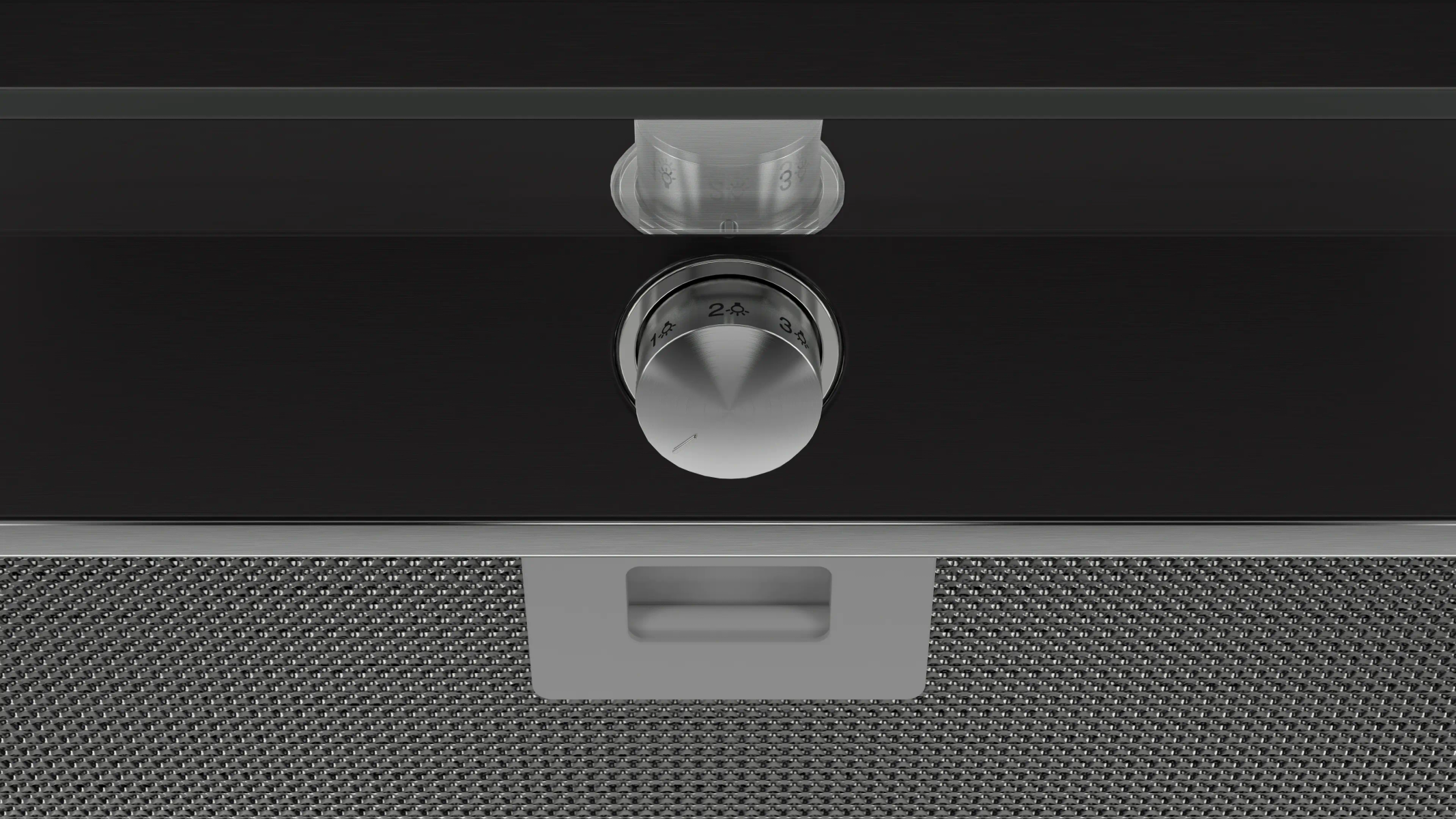 Primer plano de un electrodoméstico de cocina con mandos y un panel de malla. Los mandos tienen números. Fondo oscuro y detalles metálicos.