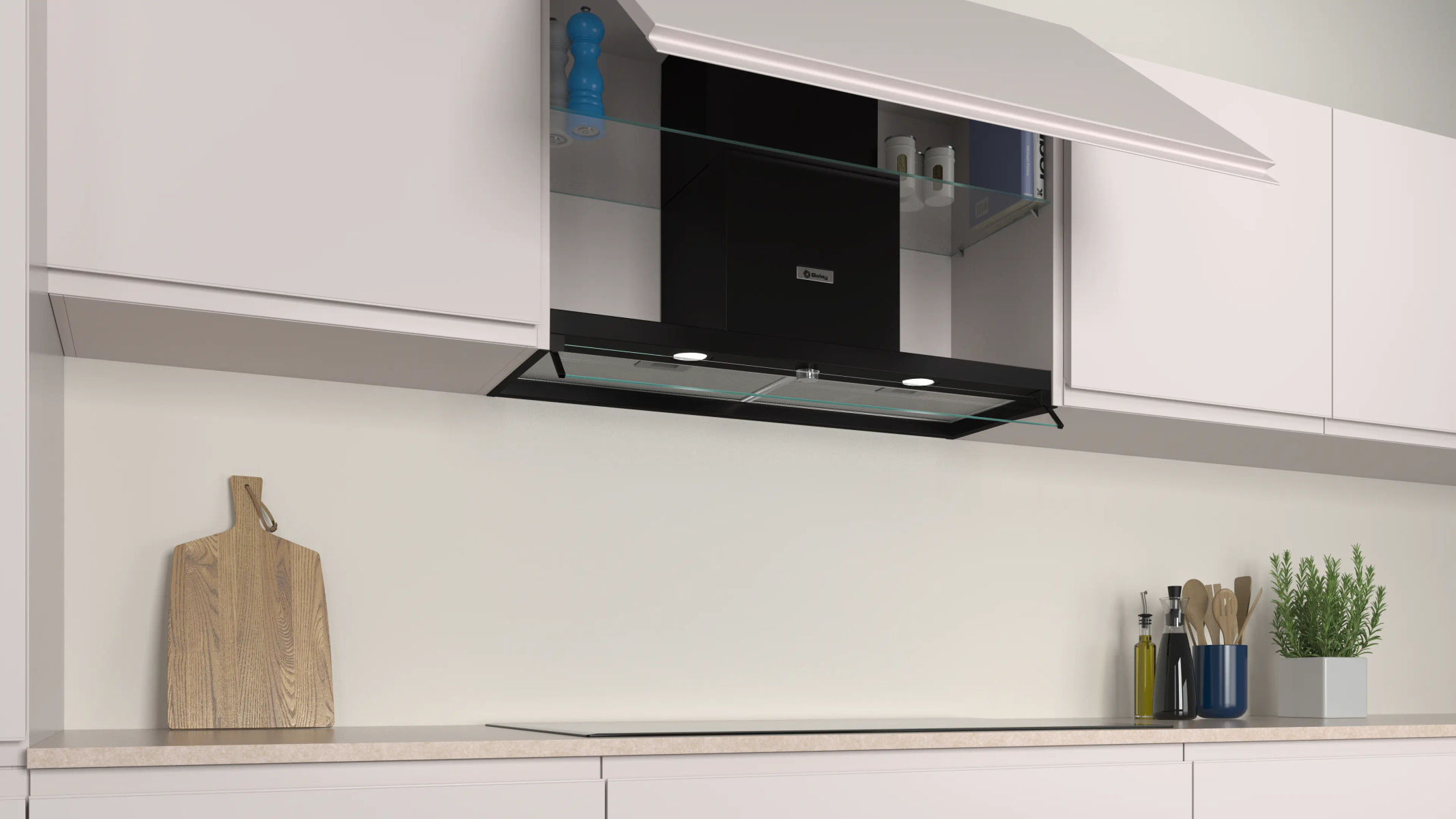 Interior de cocina con gabinetes blancos, campana extractora negra, tabla de cortar y artículos de encimera.