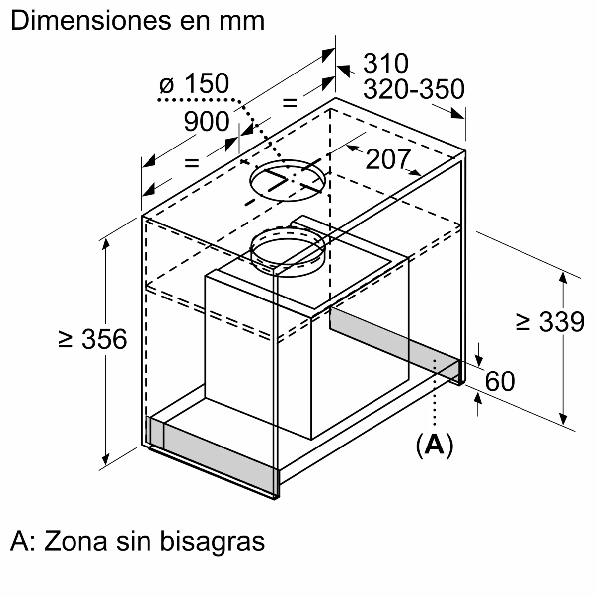 Diagrama de un electrodoméstico de cocina con dimensiones en mm. Incluye medidas de altura, ancho y profundidad con etiquetas.