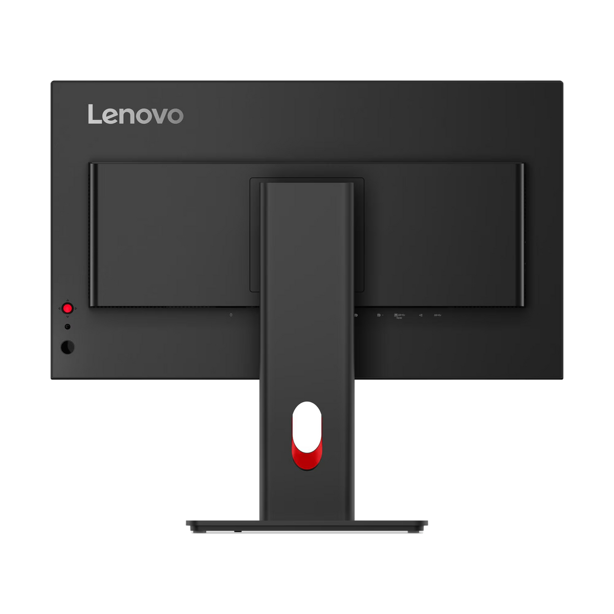 Tył monitora Lenovo. Czarny, ze stojakiem i czerwono-białym przyciskiem zasilania. Widoczna nazwa marki.