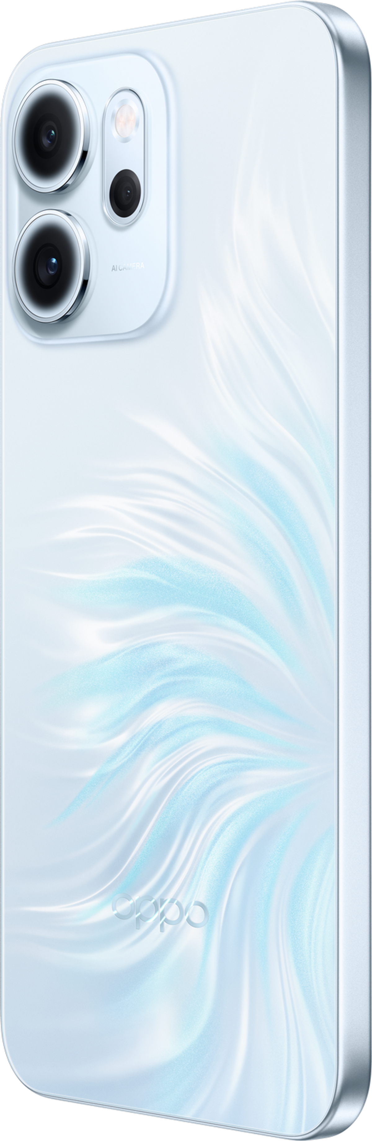 Jasnoniebieski tył smartfona. Widoczne wiele aparatów. Tył ma falisty wzór z logo marki na dole.