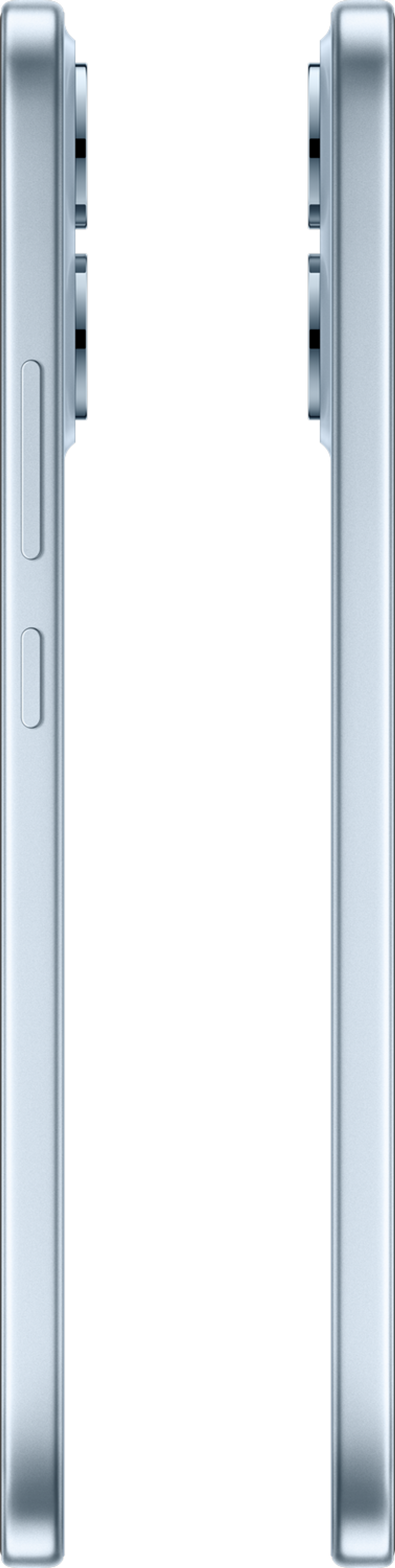 Dwa widoki z boku jasnoniebieskiego smartfona na czarnym tle. Widoczne przyciski głośności i obiektywy aparatu.