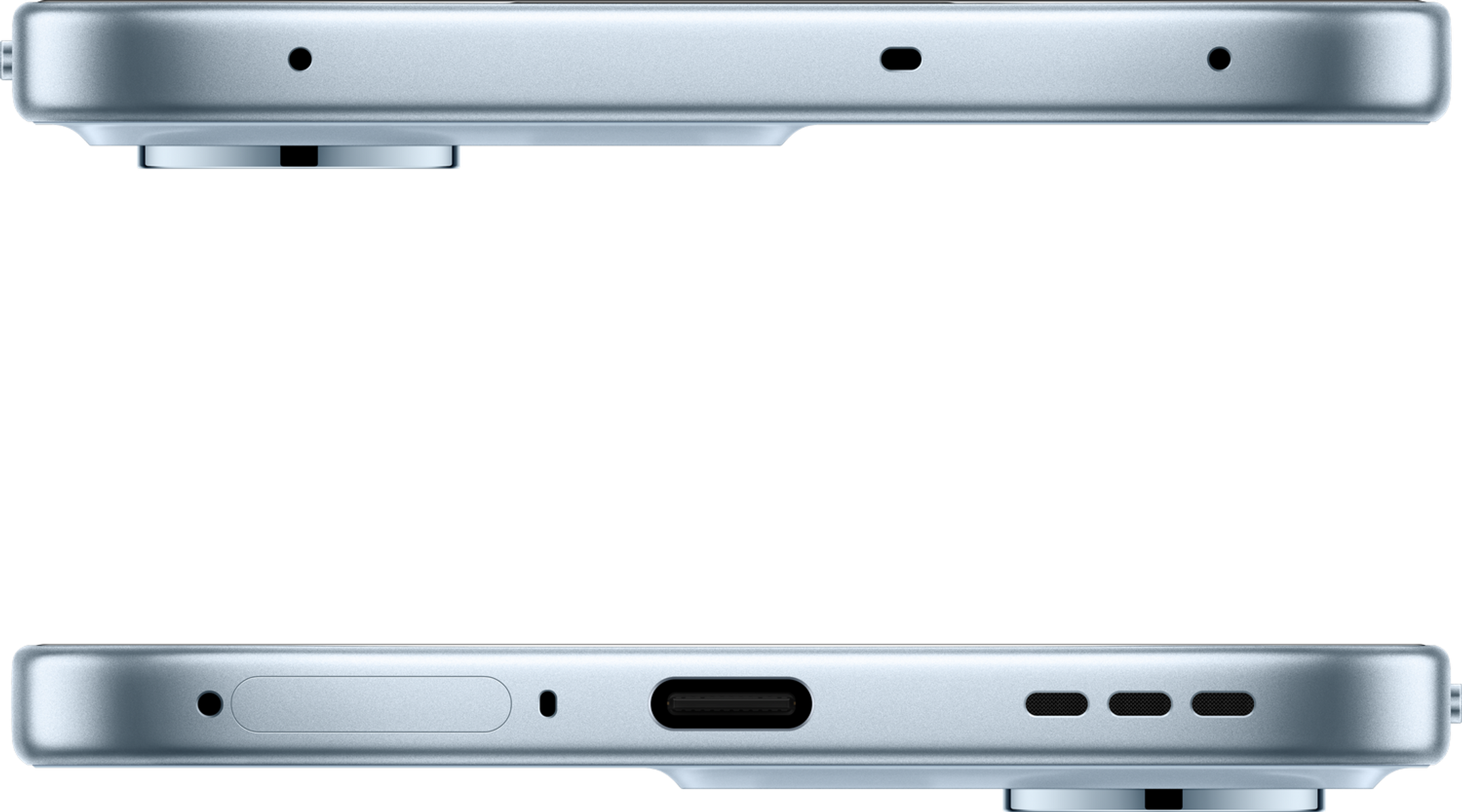 Zbliżenie krawędzi jasnoniebieskiego smartfona. U góry: otwory na mikrofon. Na dole: port ładowania, otwory głośnikowe i mikrofon.