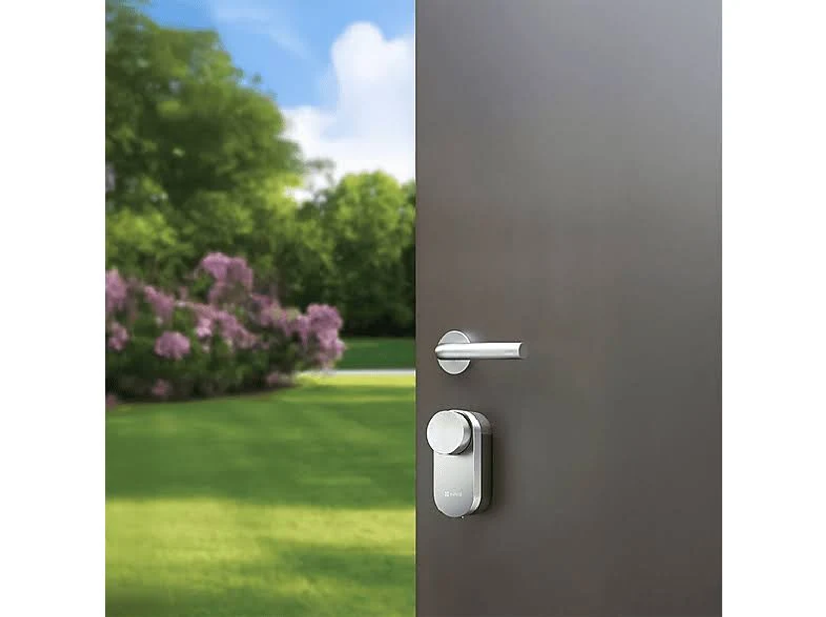 Drzwi z klamką i zamkiem na tle trawnika, drzew i nieba z chmurami.