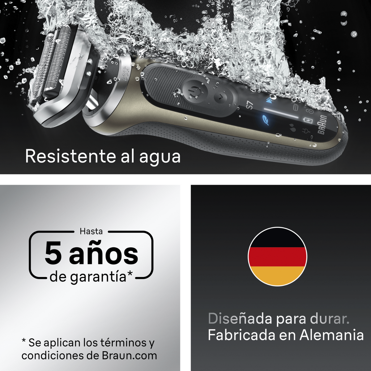 Ein Braun-Rasierer im Wasser, mit dem Text 'Resistente al agua'. Garantieinfos und eine deutsche Flagge mit 'Made in Germany'.