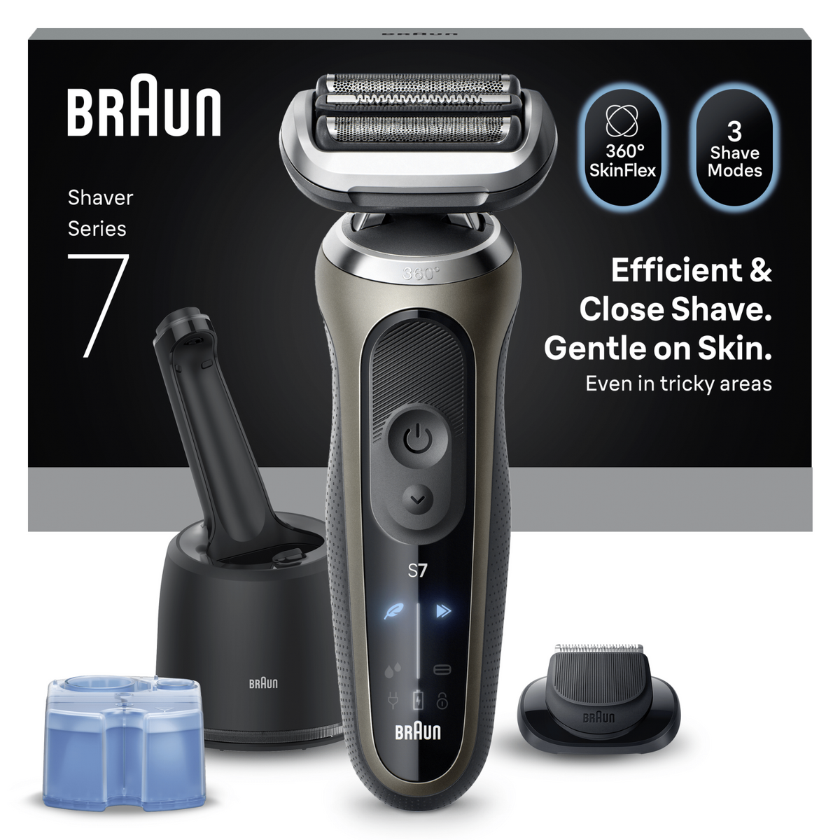 Braun Series 7 Rasierer mit Zubehör: Reinigungsstation, Ersatzkopf und Reinigungslösung. Features sind SkinFlex und 3 Rasierer-Modi.