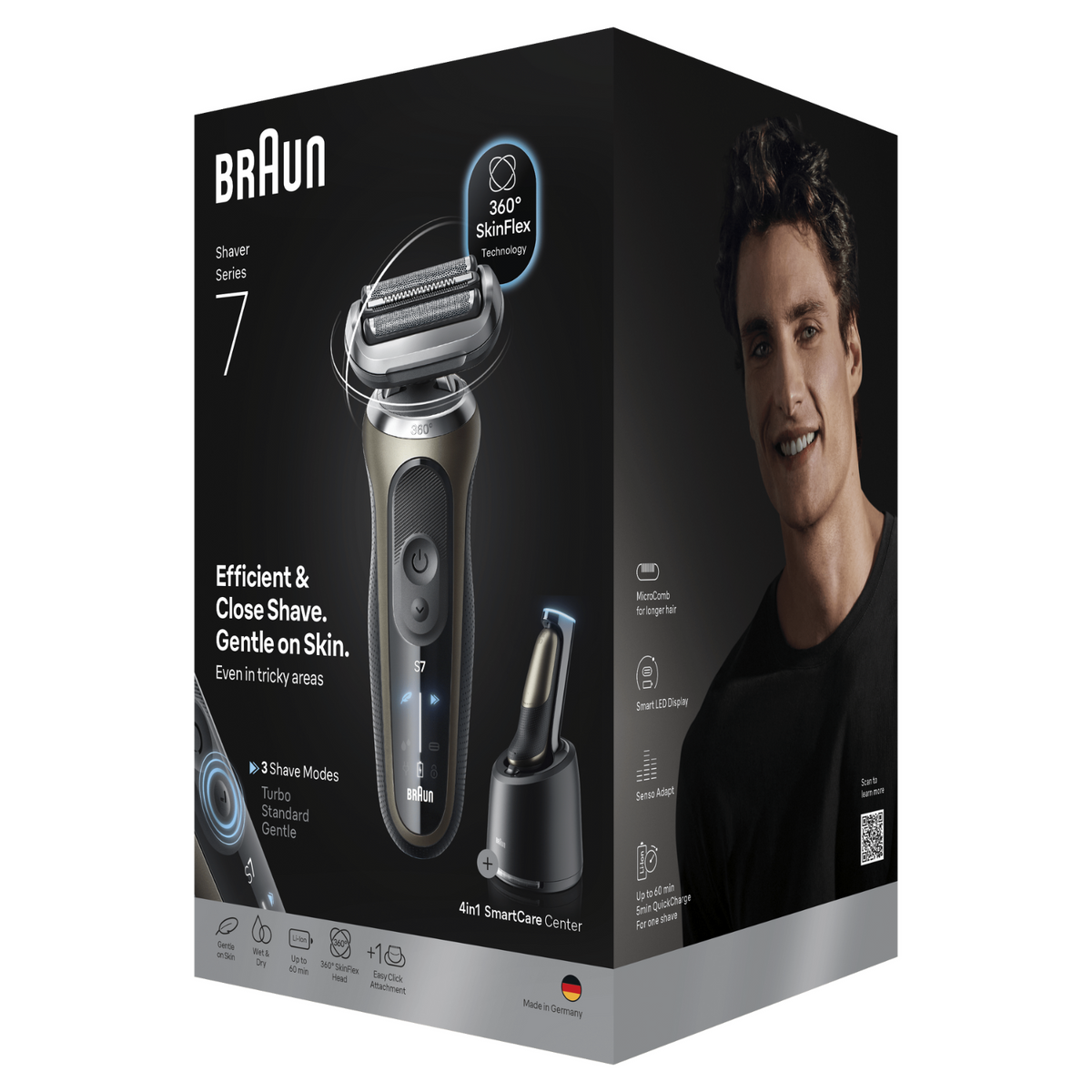 Braun Series 7 Rasiererbox mit einem lächelnden Mann rechts. Die Box zeigt den Rasierer und Funktionen wie 360° SkinFlex und SmartCare.