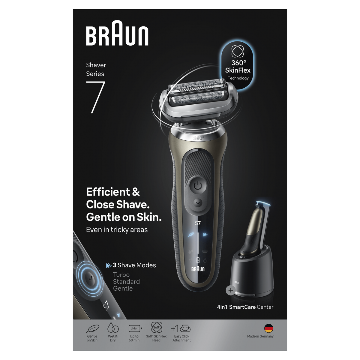 Braun Series 7 Rasierer mit Ladestation. Merkmale: 3 Rasurmodi, 360° SkinFlex und Easy Click Aufsatz. Hergestellt in Deutschland.