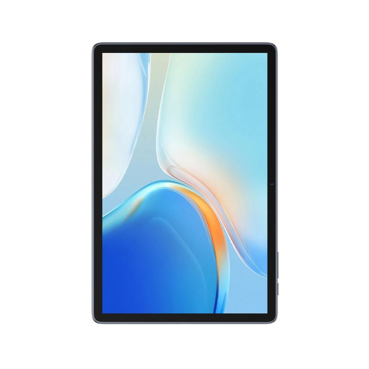 Un tablet su sfondo bianco. Lo schermo mostra un'immagine astratta con tonalità blu, bianche e arancioni.