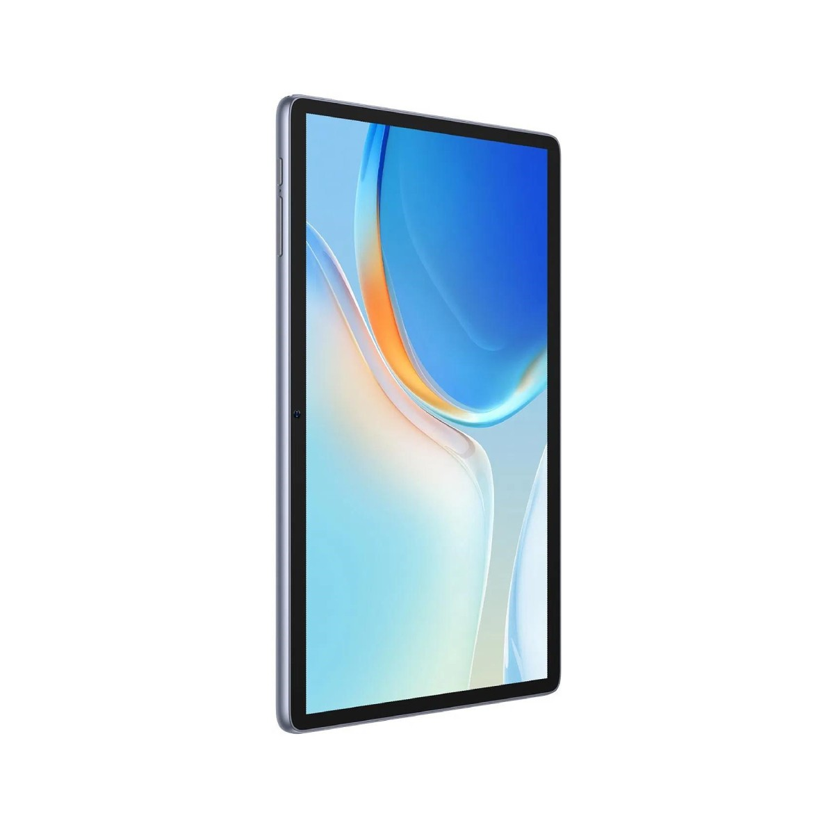 Un tablet, cornice azzurra, schermo con design astratto con blu, arancione e bianco.