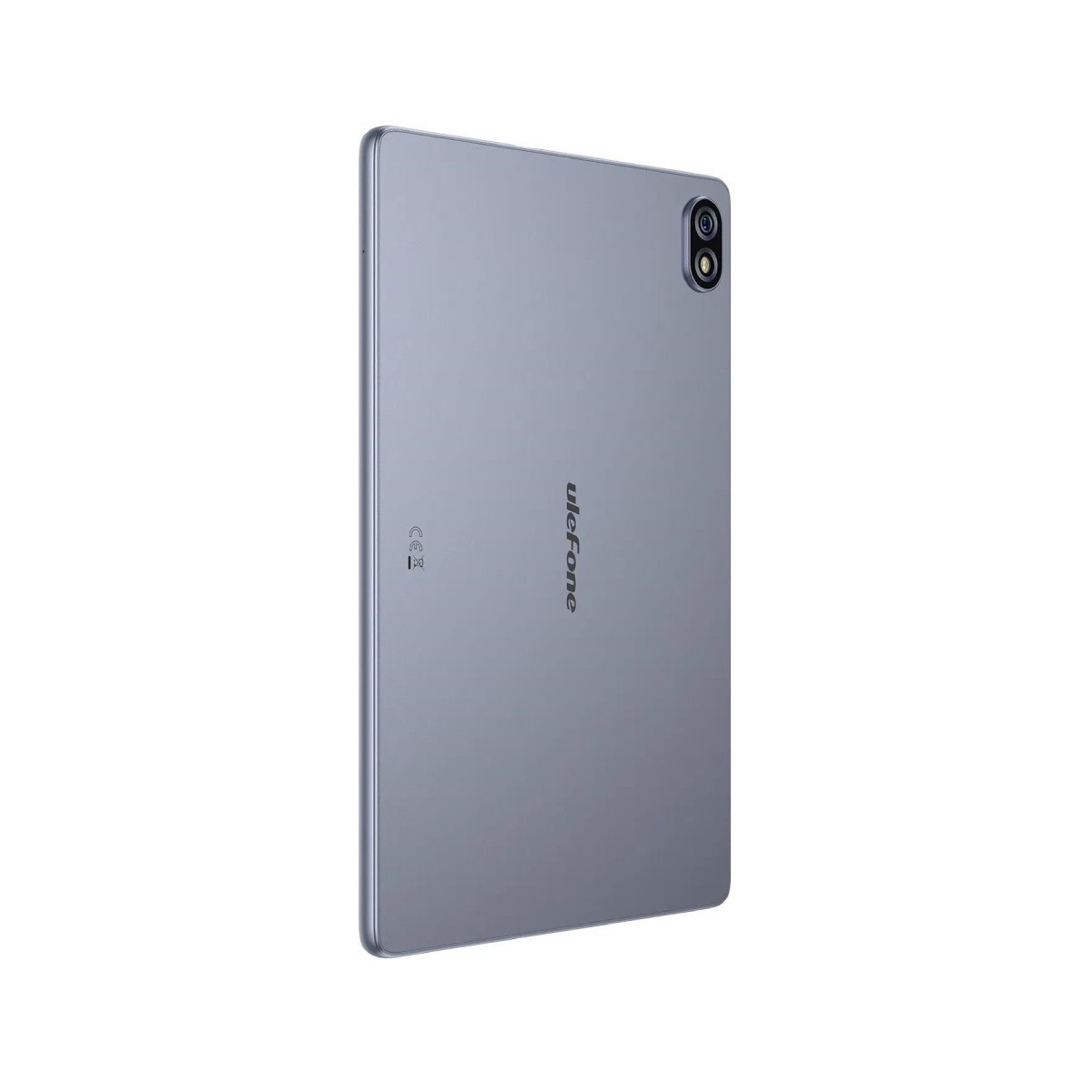Un tablet Ulefone grigio su sfondo bianco. Ha due fotocamere posteriori. Il nome del marchio è stampato verticalmente.