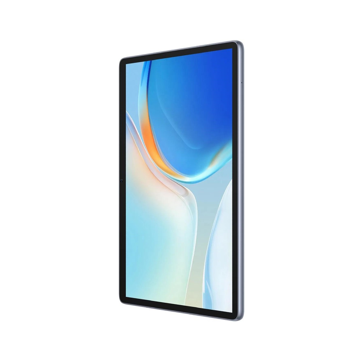 Un tablet con schermo che mostra un design astratto blu, bianco e arancione è mostrato su sfondo bianco.