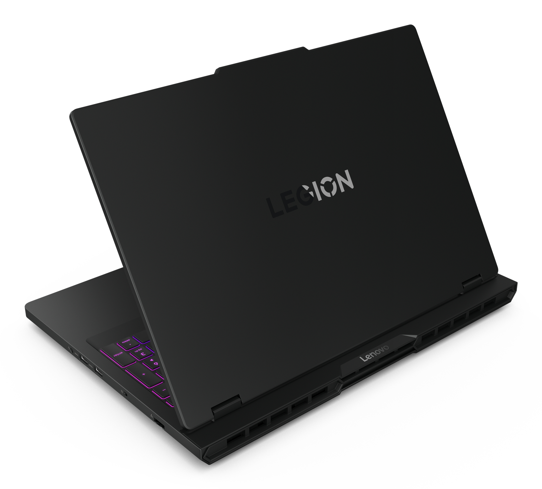 Laptop Lenovo Legion nero, aperto ad angolo. Tastiera visibile con tasti retroilluminati viola. Logo Legion sul coperchio.